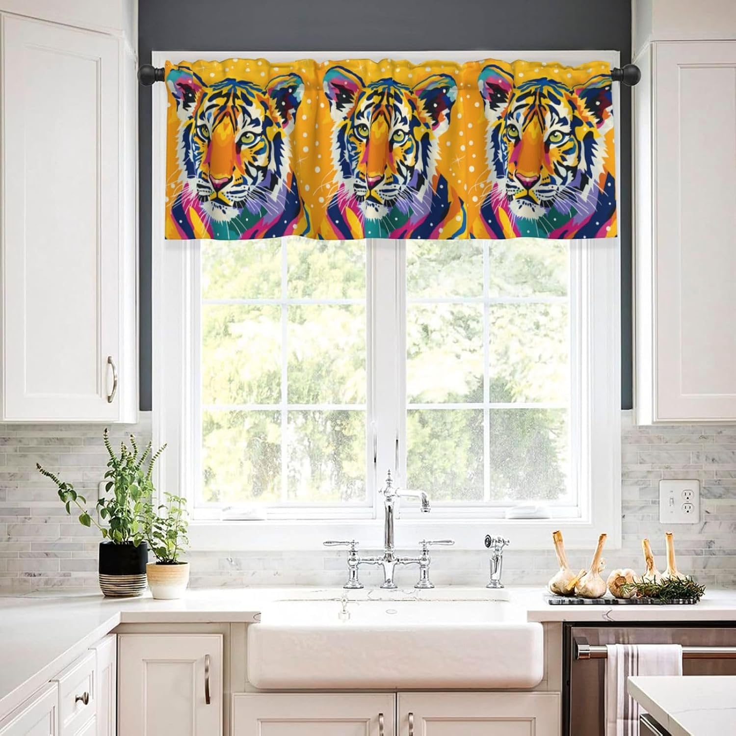 Valance for Windows Pop Art Tiger Yellow Kitchen Curtains Valances Rod Pocket Window Treatment Short Topper Curtains for Living Room Bedroom Bathroom 1 Panel 54x18 Inch