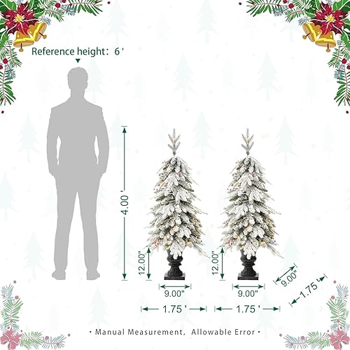Miniatura 4 de Glitzhome Árbol de Navidad artificial flocado de 4 pies con 100 luces blancas cálidas, piña y bayas, decoración navideña, juego de 2