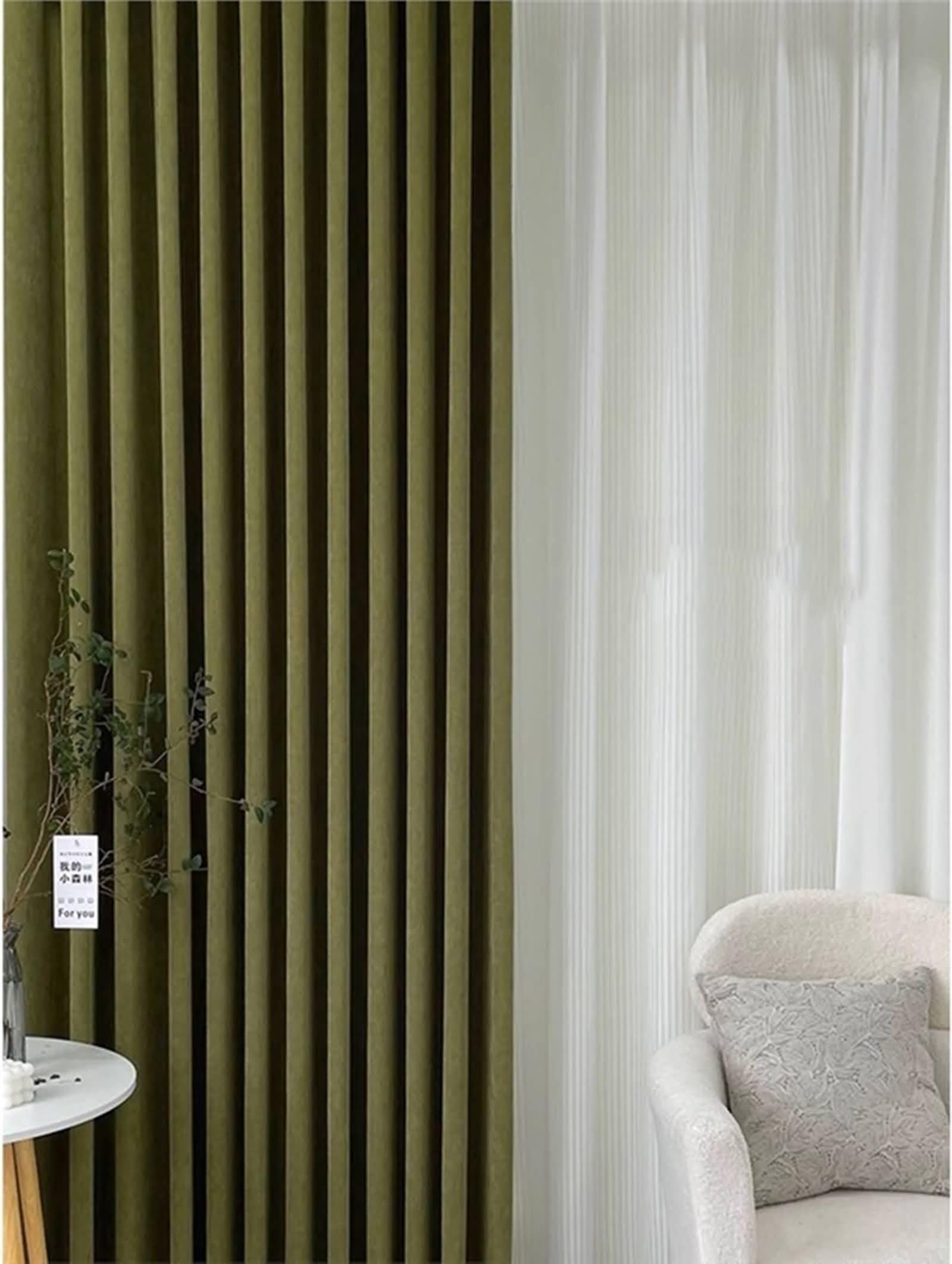 Rideaux opaques vert olive 132x274 | Rideau chenille anti bruit fenetre moderne à œillets x2