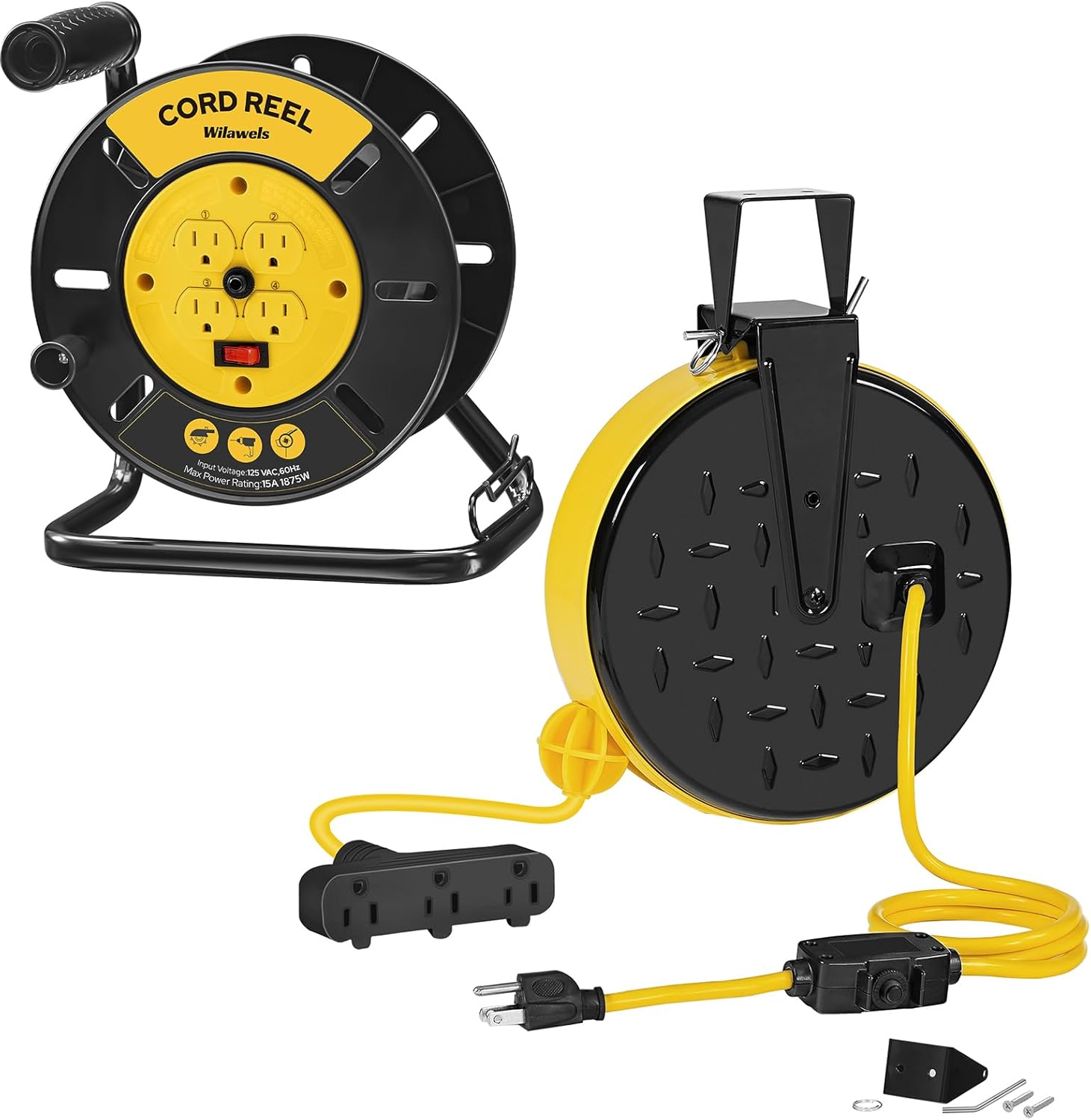 Extension Cord Storage Reel 15A Circuit Breaker and 30 Ft Retractable Extension Cord Reel Bundle, 16/3 Gauge SJTW Power Cord Y95CR06-Y30CR06