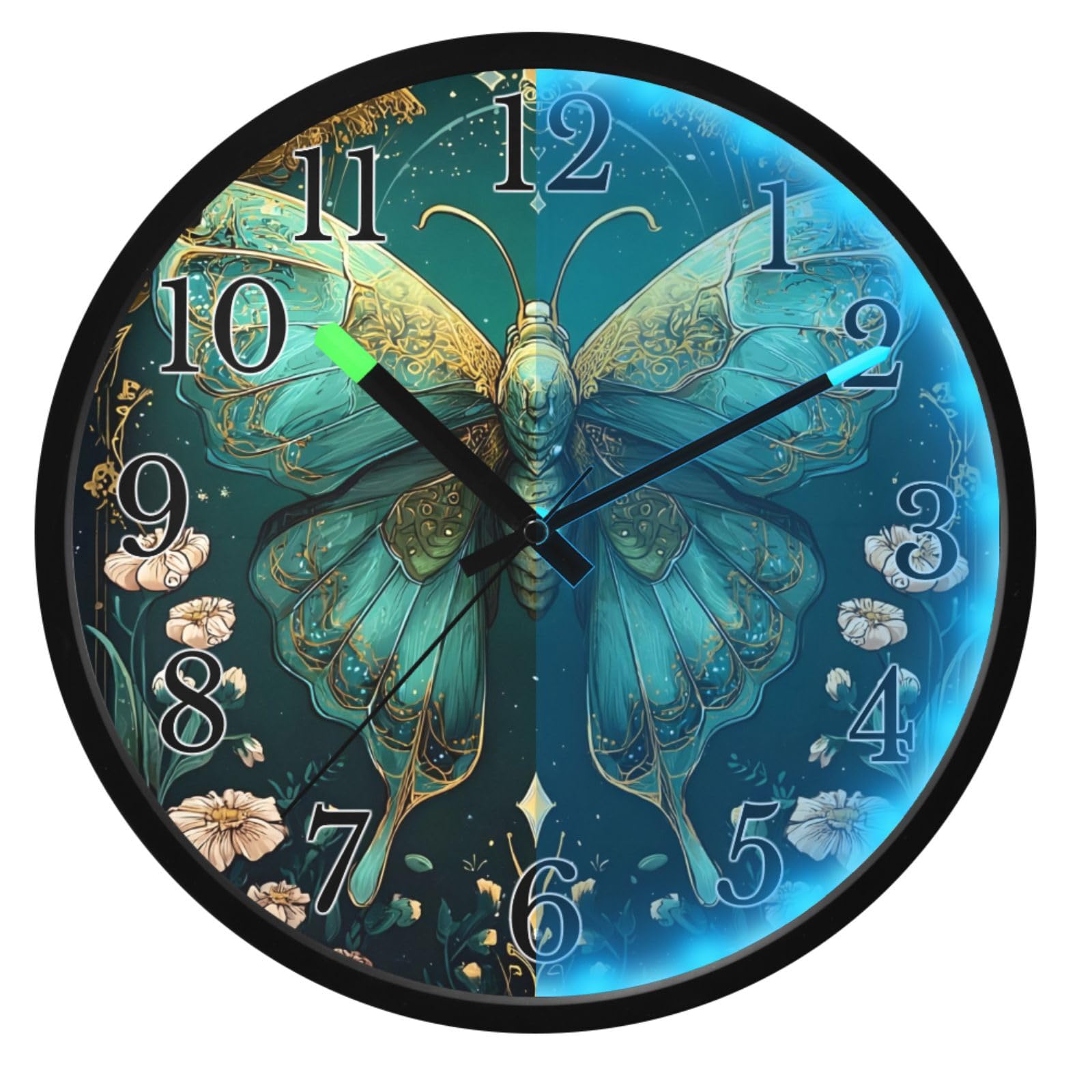 Mnsruu Reloj de pared luminoso con diseño de luna, polilla, flores, bosque verde, reloj de pared que brilla en la oscuridad, funciona con pilas, silencioso, sin tictac, luz nocturna para dormitorio