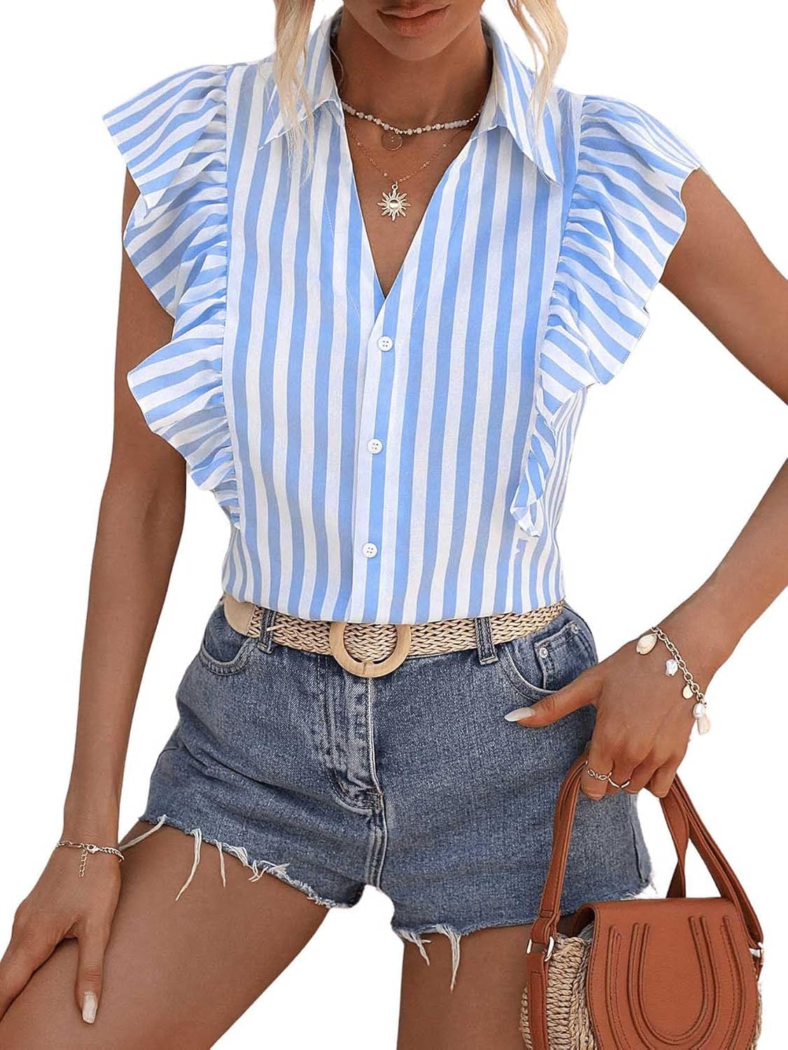 WDIRARA Women's Striped V Neck Button Front Top Ruffle Cap Sleeve Shirt Casual Blouse - Image 4