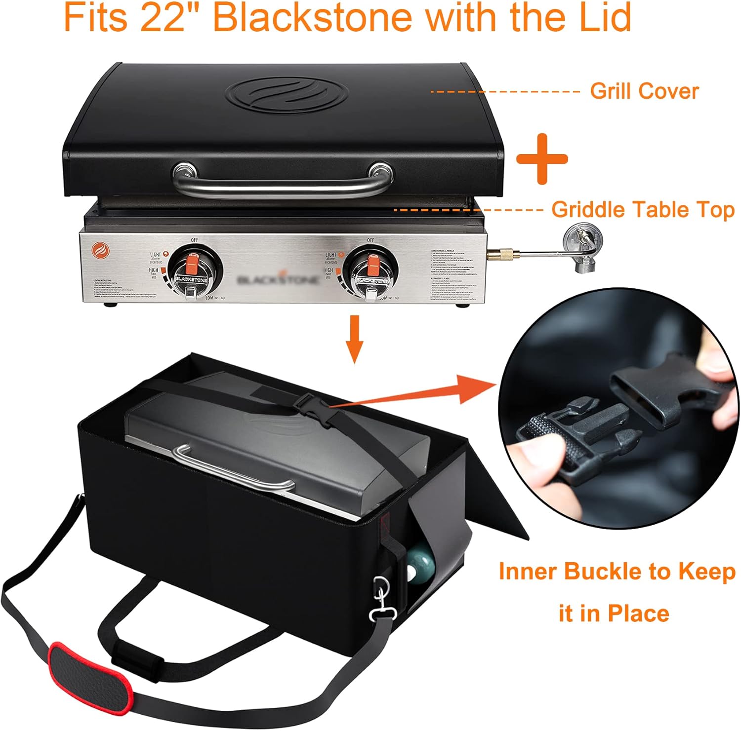 22 Inch Griddle Cover Carry Bag for Blackstone 1813 22 Inch Grill Table Top Griddle with Hood Lid, Fits Blackstone 22" Grill Griddle with Grill Cover Carrying Bag 600D Heavy Duty Water-Resistant