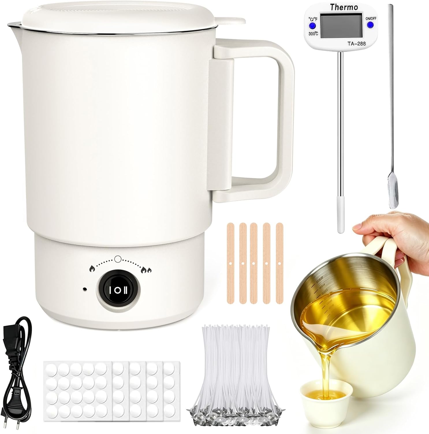 NAUQUOHZ Wax Melter Pot for Candle Making Supplies,800ML Electric Wax Melts Warmer with Thermometer and Pouring Spout for DIY Soap Making for Beginners & Pros Compatible with Soy Wax,Beeswax,Paraffin