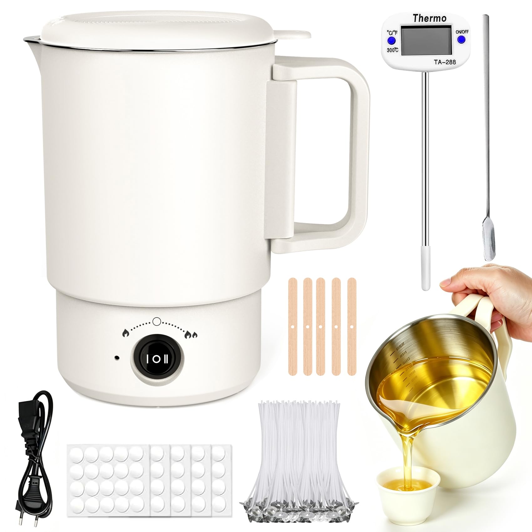Kit de suministros para hacer velas con olla de fusión de cera, calentador eléctrico pequeño de cera de 27 onzas con termómetro y boquilla de vertido para hacer jabón para principiantes, adultos