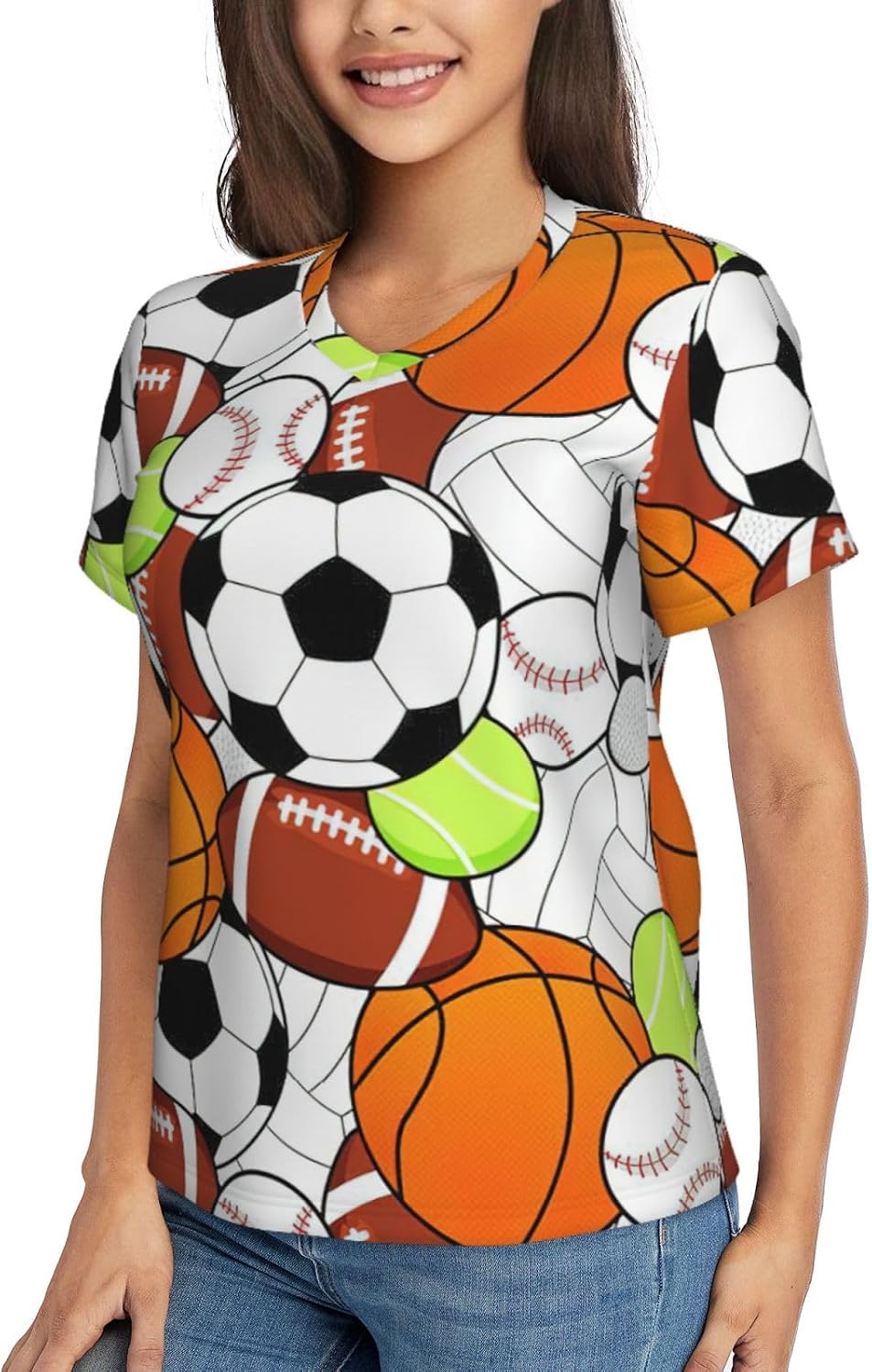 Womens Sports Ball Print Short Sleeve V Neck T-Shirts Casual Breathable Tee Basic Summer Tops 2026