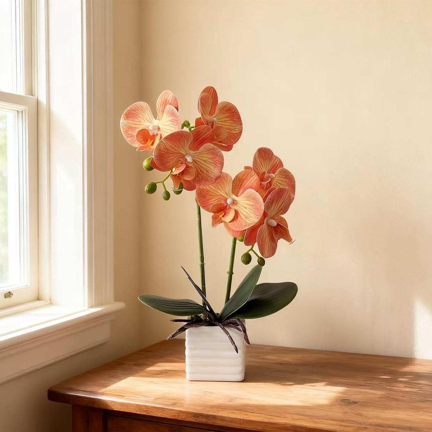 Artificial Orchids for Home Decor Indoor with Vase Orchids Artificial Flowers Orange Orchid Height 14 Inches