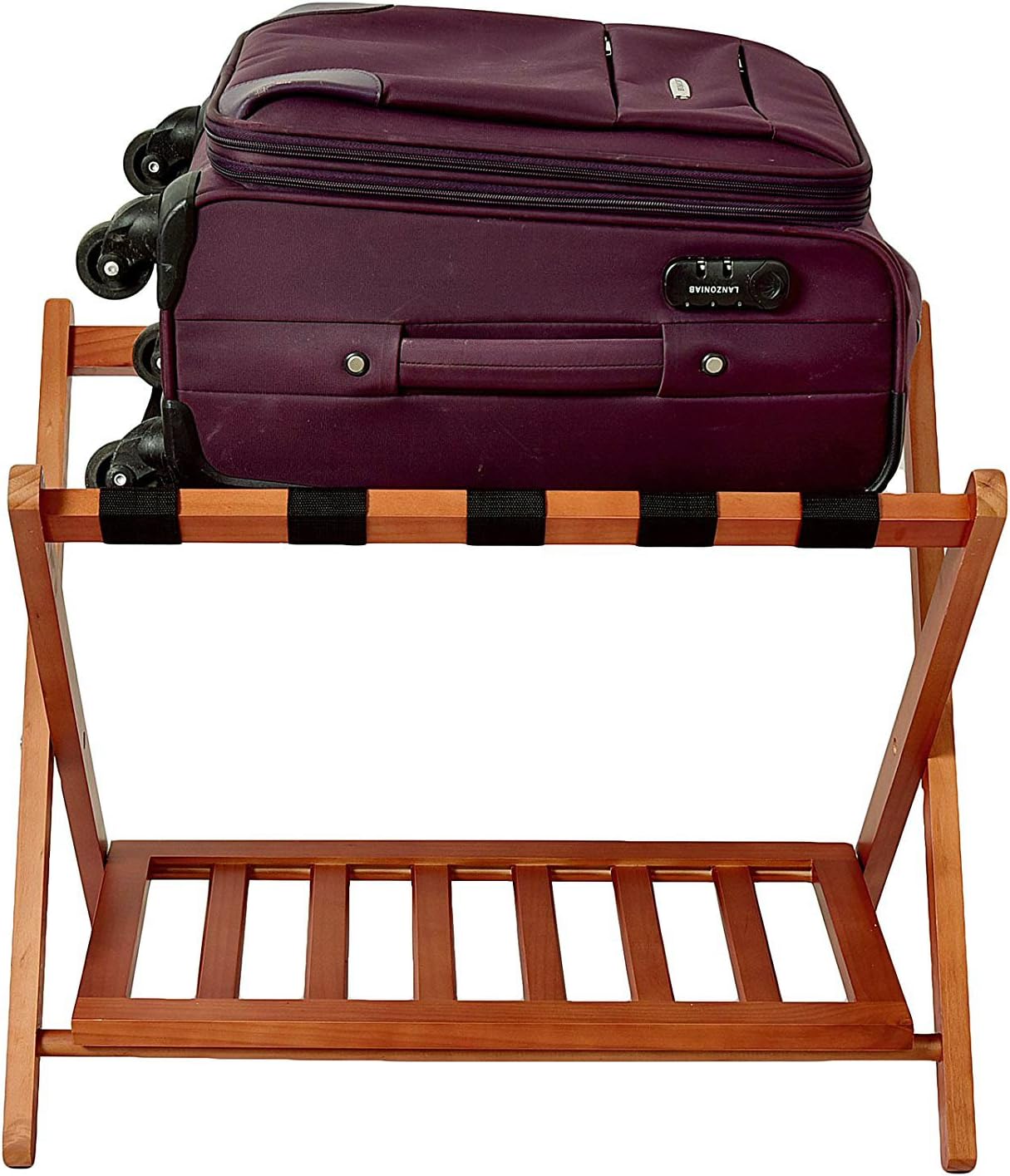 WELLAND Wood Wall Saver Folding Luggage Rack, Light Cherry