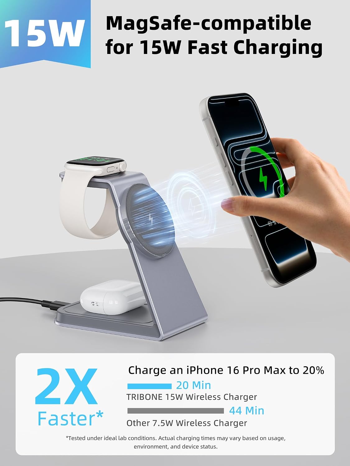 Wireless Charging Station for Apple Magsafe Charger Stand,3 in 1 Qi2 Certified 15W Fast Magnetic Wireless Charger Station for iPhone 17 Air 16 15 14 13 12 Series,Airpods Pro,Apple Watch Ultra