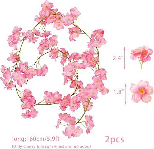 Miniatura 5 de Guirnalda de flores de cerezo, 2 piezas de 70.9 in5.9 pies de seda artificial, enredaderas de flores de Sakura falsas para decoración de habitación