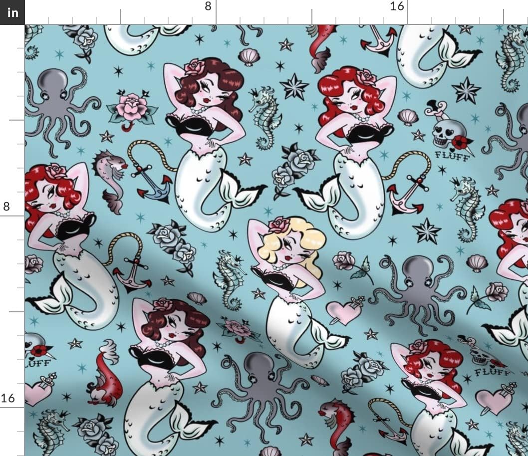 Spoonflower Fabric - Mermaid Vintage Retro Rockabilly Style Pinup Kawaii Mermaids Cute Printed on Petal Signature Cotton Fabric by The Yard - Sewing Quilting Apparel Crafts Decor