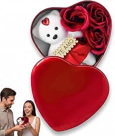 Presente Caixa Coração com Urso Pelúcia e Rosas Artificiais 12cm Lata Decorativa Reutilizável Elegante Durável Presentre Para Dia dos Namorados, Aniversário, Dia das Mães, Esposa, Noiva, Amiga