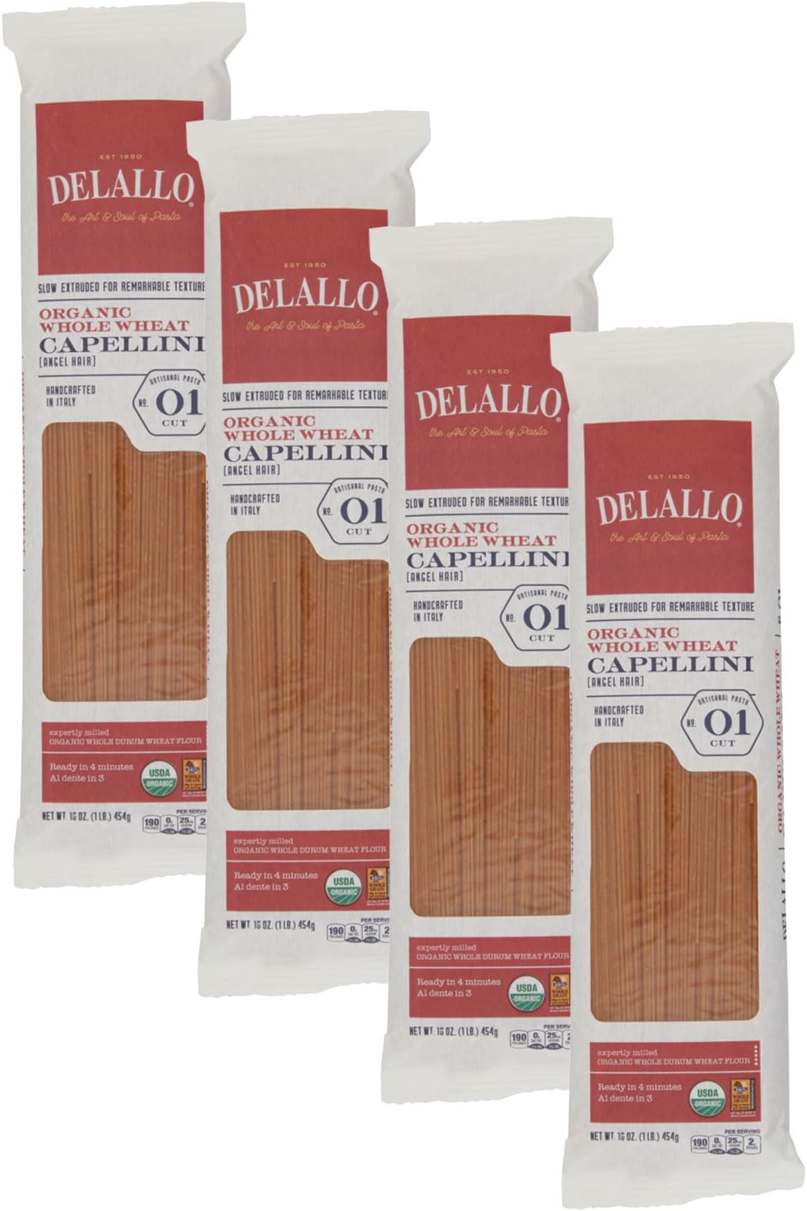Whole Wheat Capellini Pasta, 1 Pound Bag, 4 Pack, Authentic Angel Hair Noodles, 100% Durum Wheat, Made in Italy