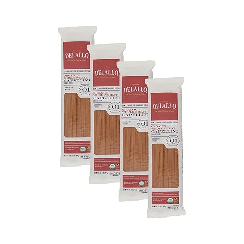 DeLallo Pasta Capellini de trigo integral, bolsa de 1 libra, paquete de 4, fideos auténticos para cabello de ángel, 100% trigo duro, fabricado en