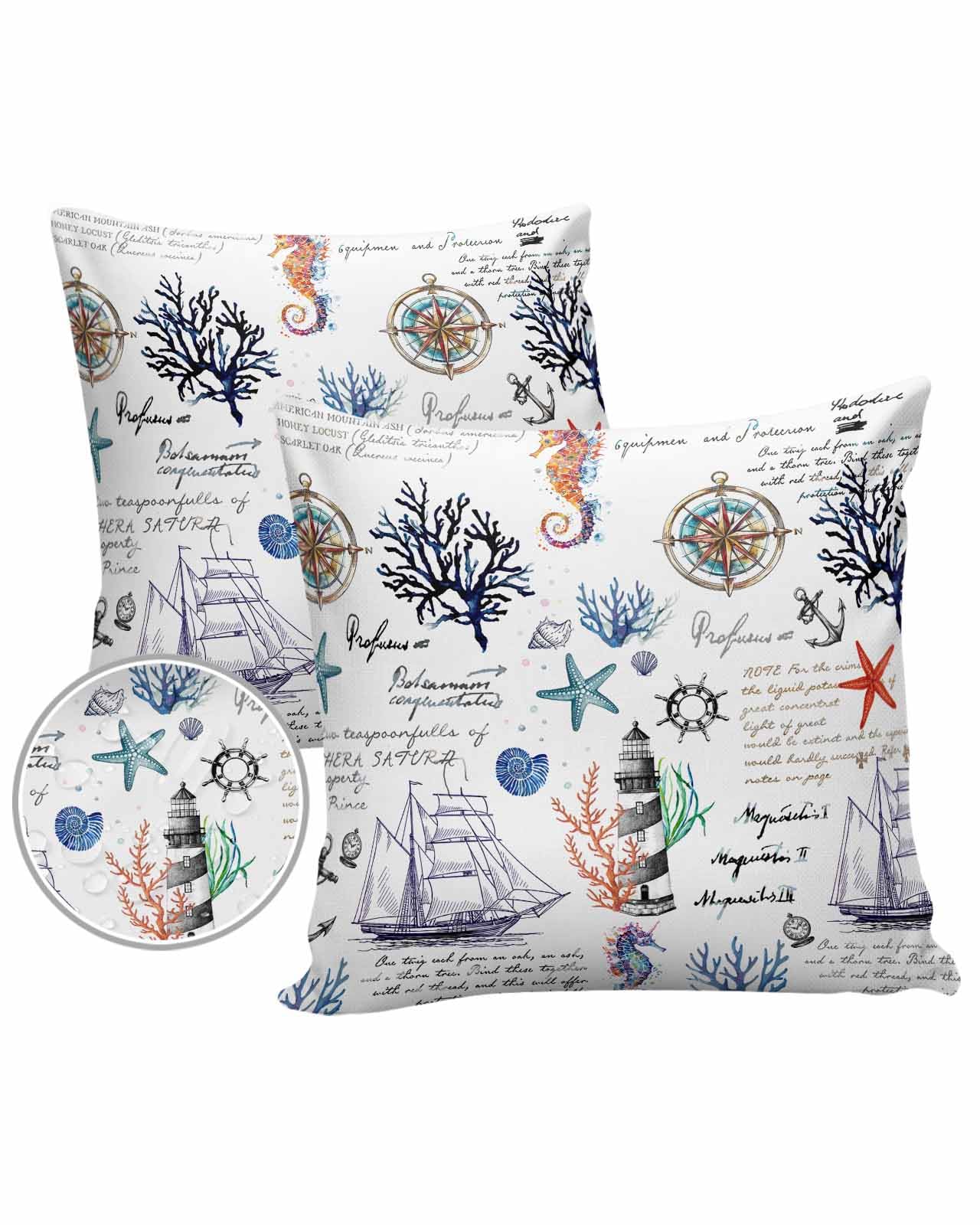 Nautical Light House Outdoor Pillow Covers Waterproof,All Weather Cushion Case Set of 2 Decorative Pillowcases for Sofa Couch Bed Decor Patio Furniture 20