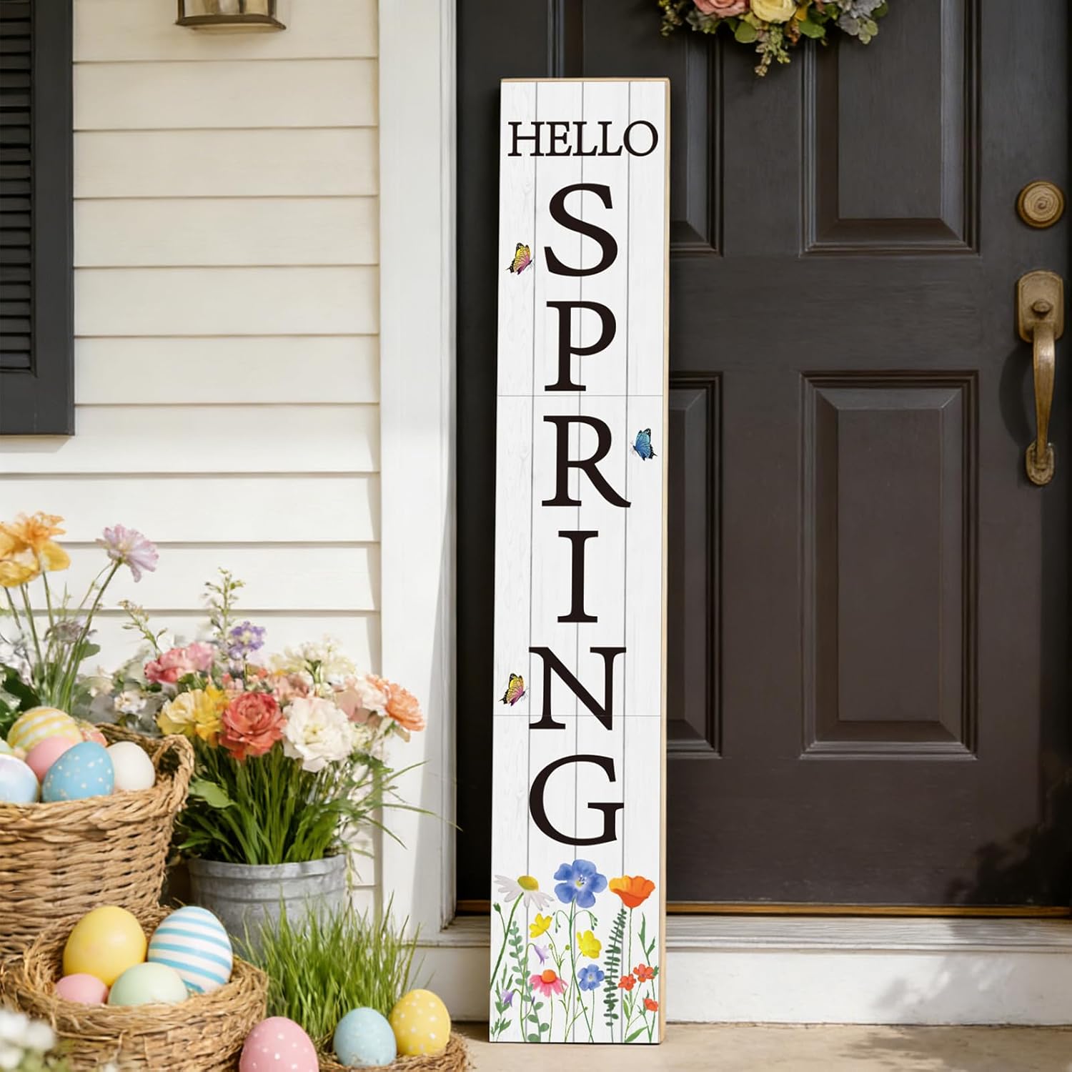 Spring Porch Decor Outdoor Decorations Wooden Door Decorations Indoor Outside Wildflowers Spring Porch Sign Rustic Welcome Sign for Front Door 46.8 Inch