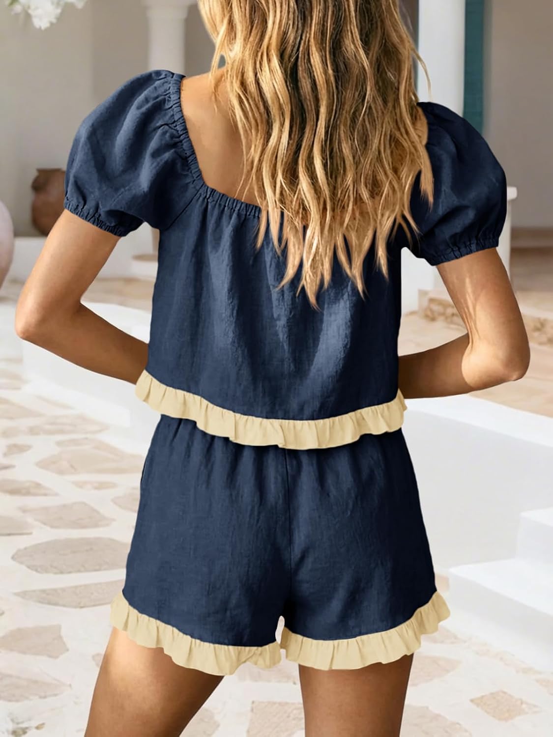 Tankaneo Womens 2 Piece Short Sets Summer Puff Sleeve Square Neck Babydoll Tops Cute Lounge Set Cotton Vacation Outfits