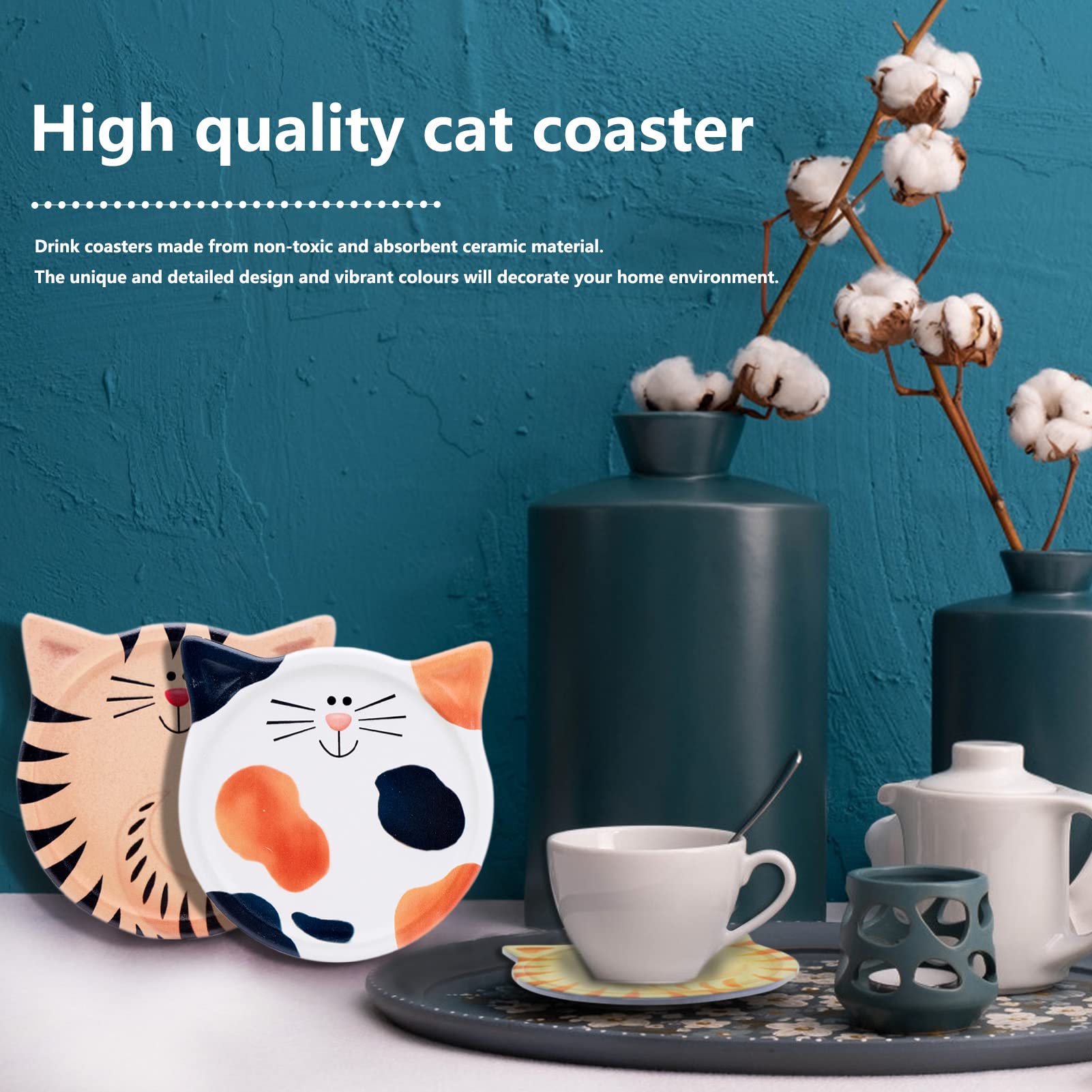 Cisolen 4 Stuks Kat Cartoon Keramische Onderzetters Absorbeerbare Onderzetters met Kurkbodem Cartoon voor Tassen en Bekers Woonkamerdecoratie