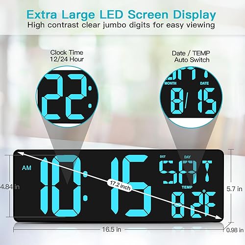 Miniatura 3 de XREXS Reloj de pared digital grande con control remoto, pantalla LED de 16.5 pulgadas, temporizador de cuenta hacia arriba y hacia abajo, reloj