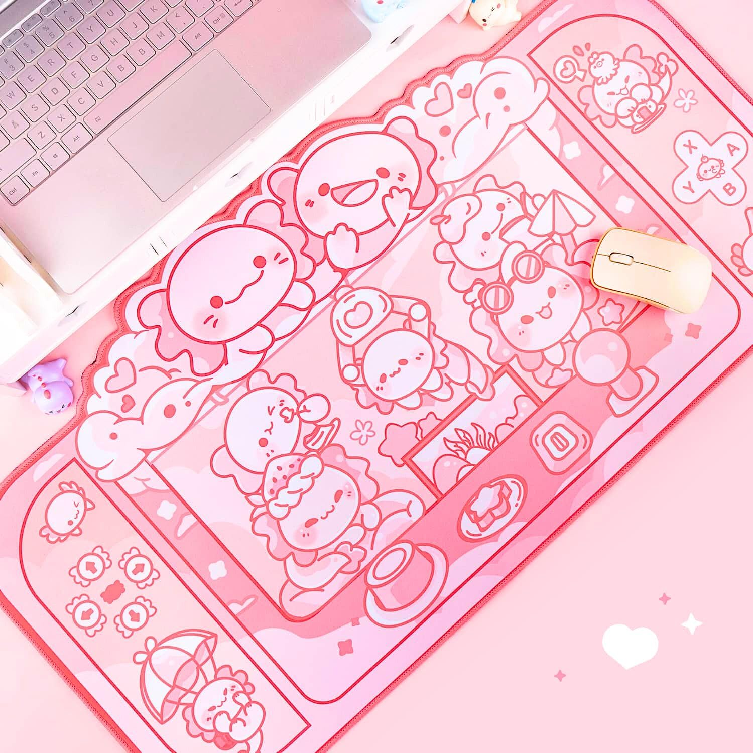 BelugaDesign Axolotl - Tappetino da scrivania kawaii, con base antiscivolo, lavabile in lavatrice, per tastiera, PC e laptop, colori pastello (rosa bianco)