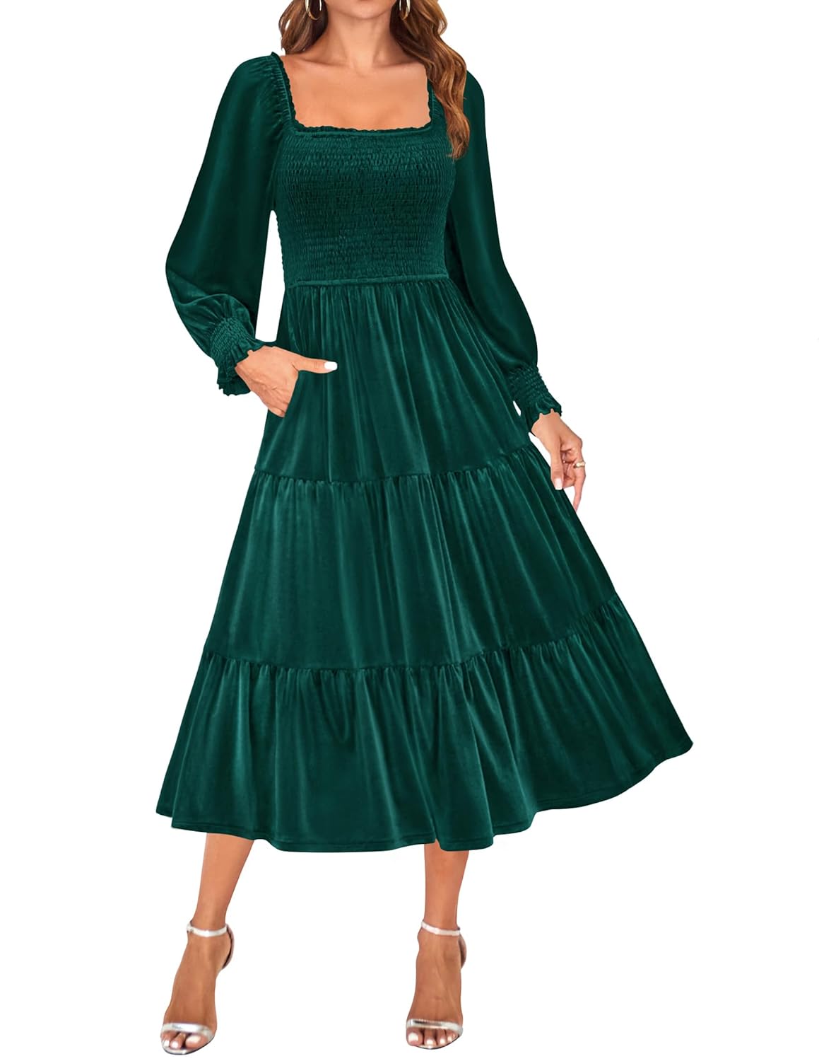 ZESICA Womens Velvet Long Sleeve Dresses 2026 Winter Square Neck Smocked Ruffle A Line Flowy Cocktail Party Midi