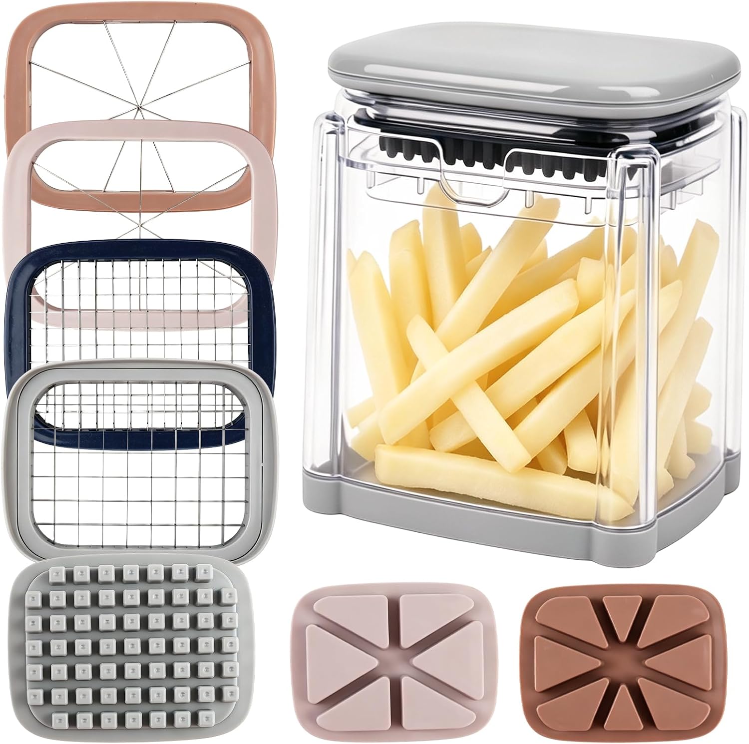 7-in-1 French Fry Cutter, Manual Vegetable Chopper with Storage Container and 4 Blades, Multi Functional Potato Onion Dicer Slicer for Kitchen