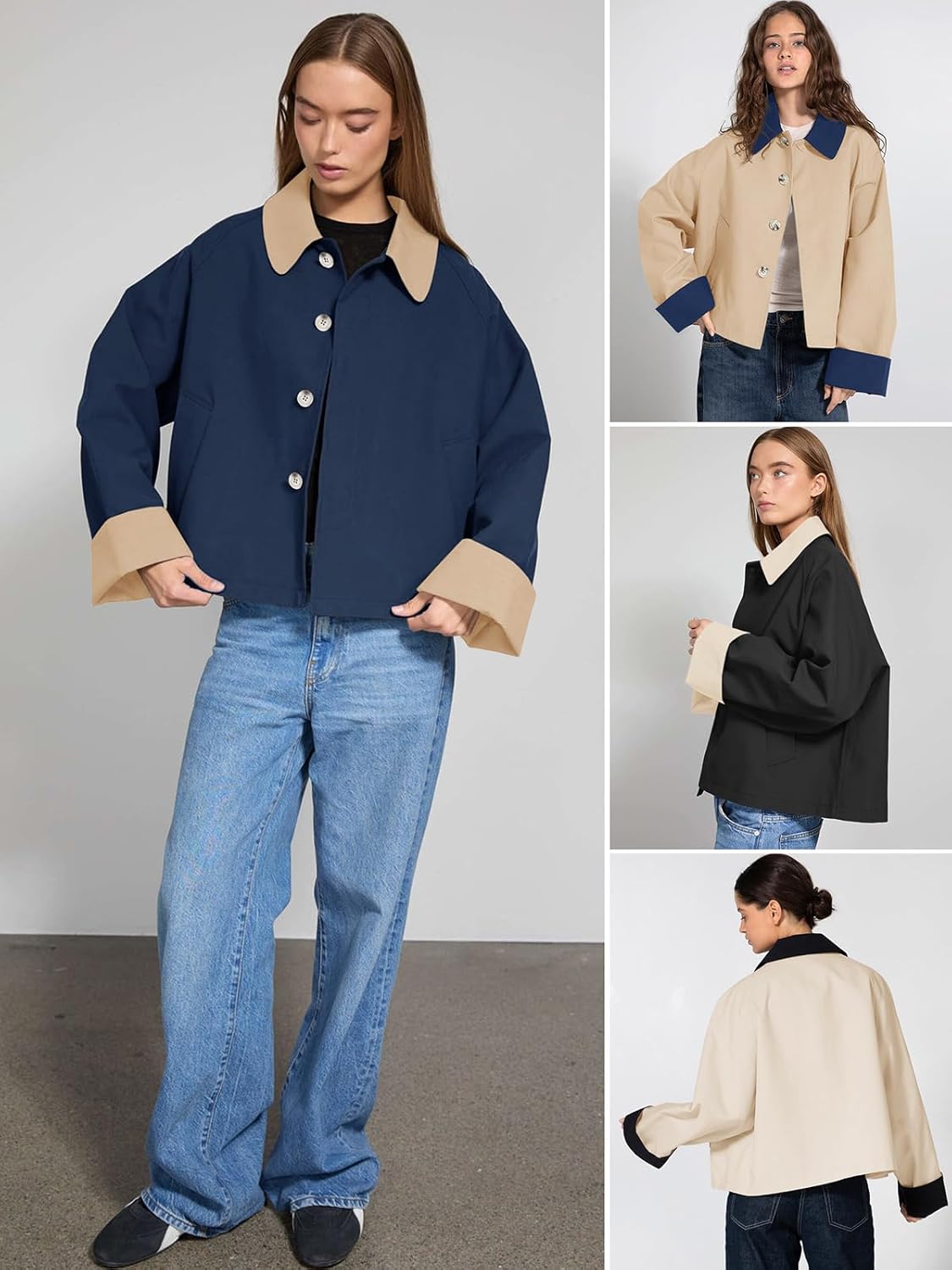 Tankaneo Womens Barn Jackets Lightweight Casual Oversized Contrast Collar Jacket Crop Trench Coat Outerwear 2025 Fall Fashion - Image 5