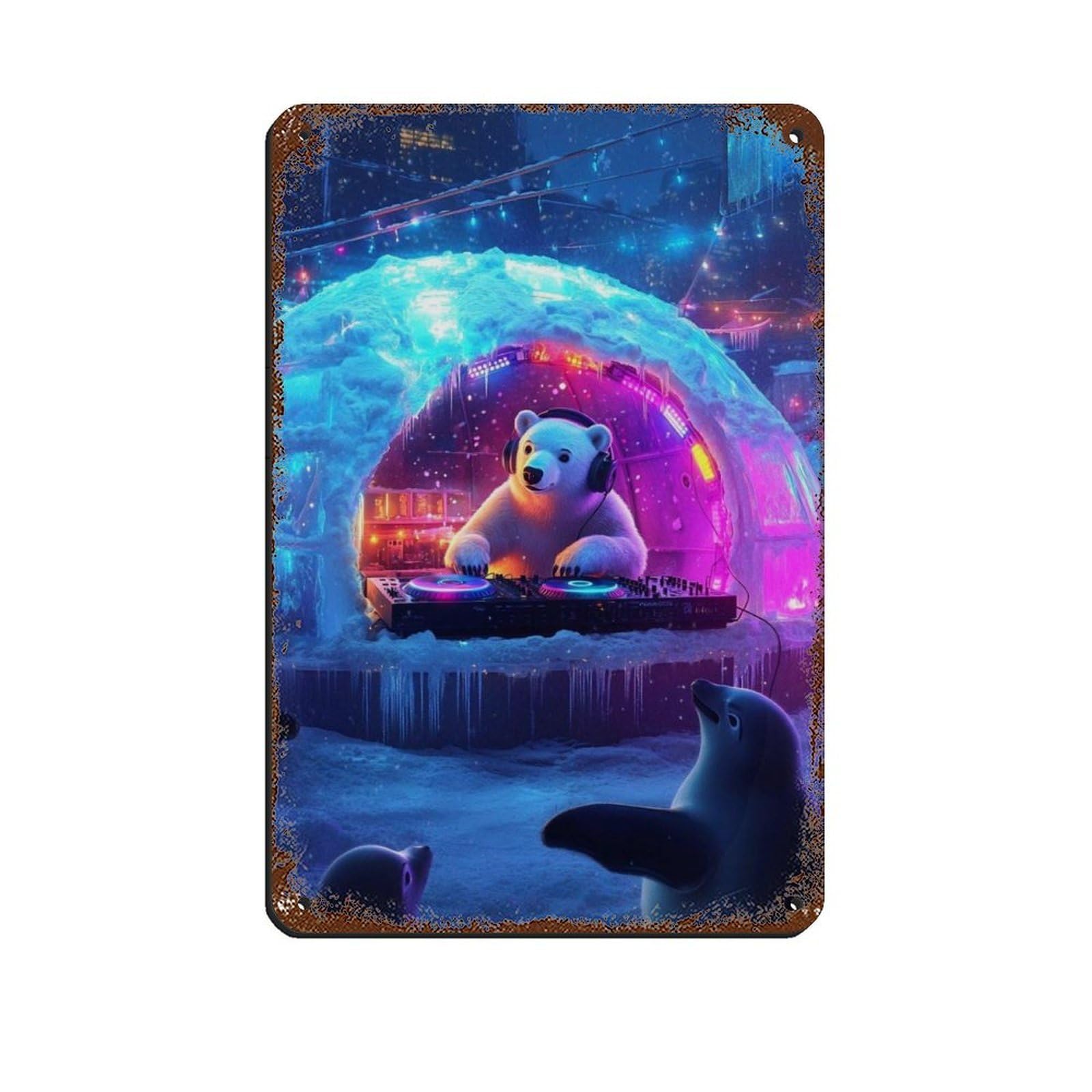 Lxwnze 20L X 30W Cm Cool Dj Polar Bear, Fun Animal Dj Poster Tin Sign Vintage Metal Pub Club Cafe Bar Home Wall Art Decoration Poster Retro 8X12inch(20X30cm)