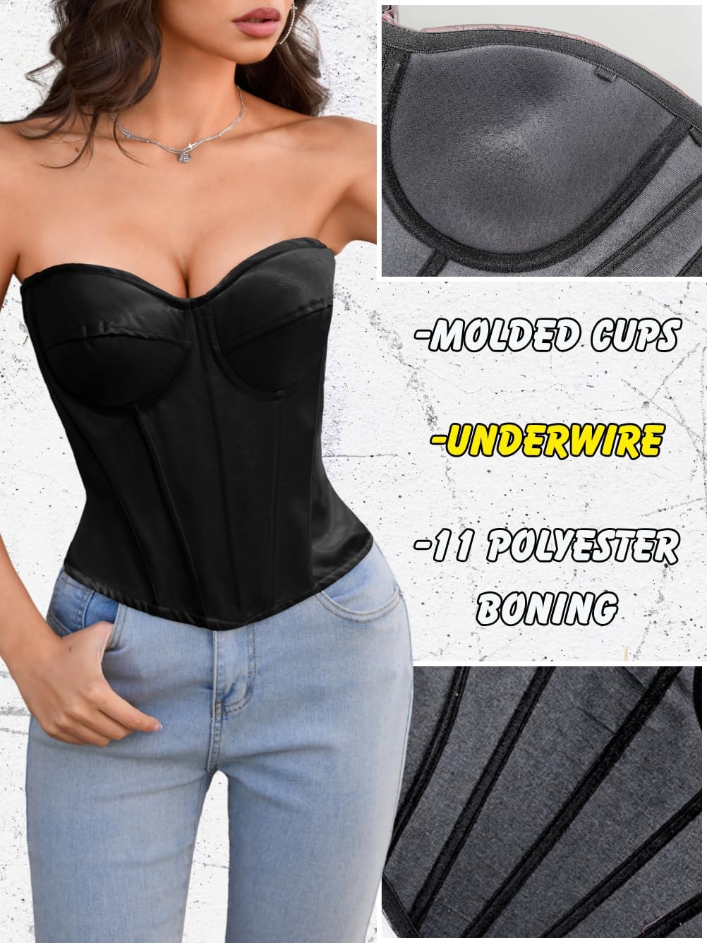 ChiaoLezhee Womens Sexy Corset with 2 Straps (Wide & Thin), Boned Underwire Zipper, Overbust Bustier Rave Tube Top Size 00-10