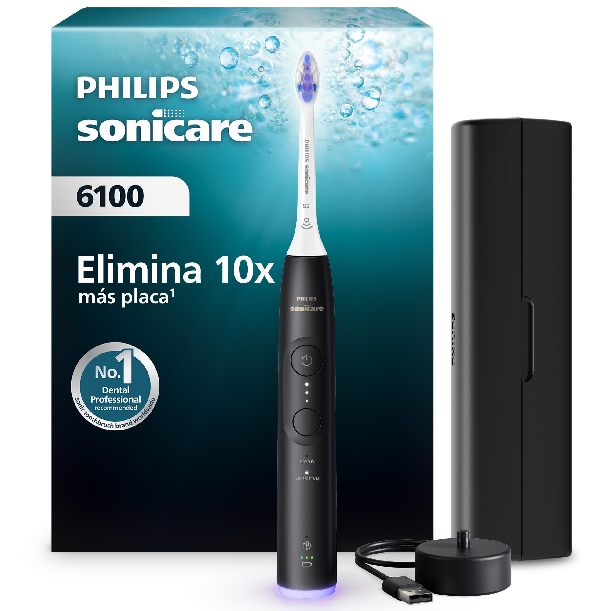 Philips Sonicare 6100 cepillo dental eléctrico, sónico, 2 modos de cepillado, 3 niveles de intensidad, alerta de presión, EasyStart, SmarTimer, negro, HX7401/07 [Nueva Tecnología]