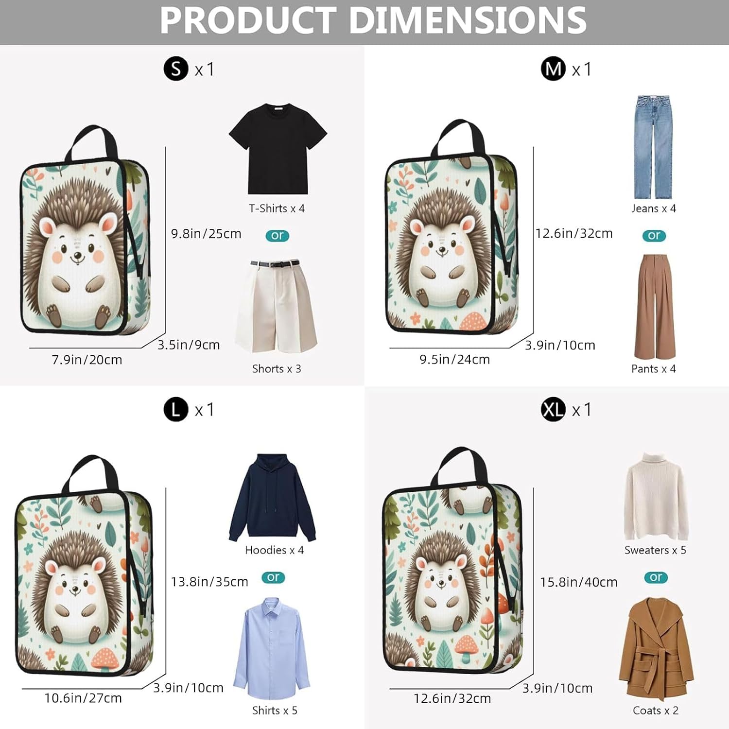 4 Set Cute-Cartoon-Hedgehogs Compression Packing Cubes image 3