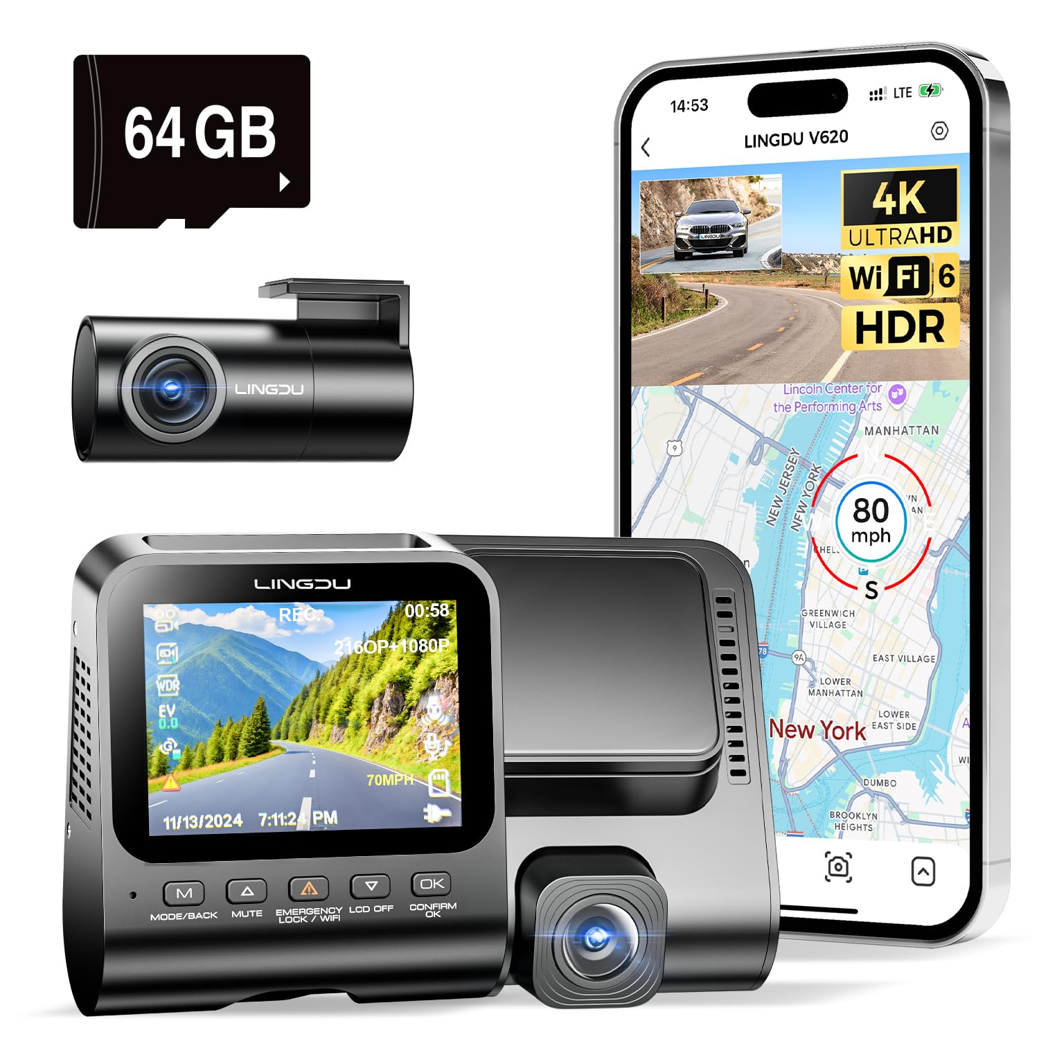 Dashcam Auto Vorne Hinten - 4K + 1080P Auto Kamera externes 2,4" IPS-Bildschirm, Dual Auto Kamera mit 64 GB SD Karte, Sprachausgang, Parküberwachung, verbesserte Nachtsicht, WDR