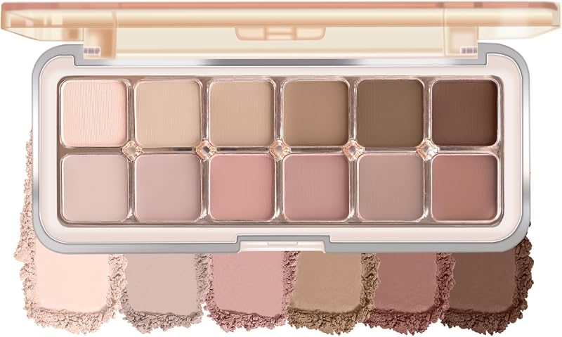 12 Color Grey Pink Eyeshadow Palette with Brush, Korean Eyes Makeup | Matte Pink Brown Eye Shadow, Netural Brown Eyes Palette for Women, Soft Blendable Powder Eyeshadow