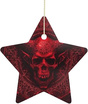Personalized Ceramic Christmas Star Ornaments - Demon Skull and Horns 2.7 Inch Double-Sided Xmas Tree Hanging Decor with Gold Cord, for Family & Friends
