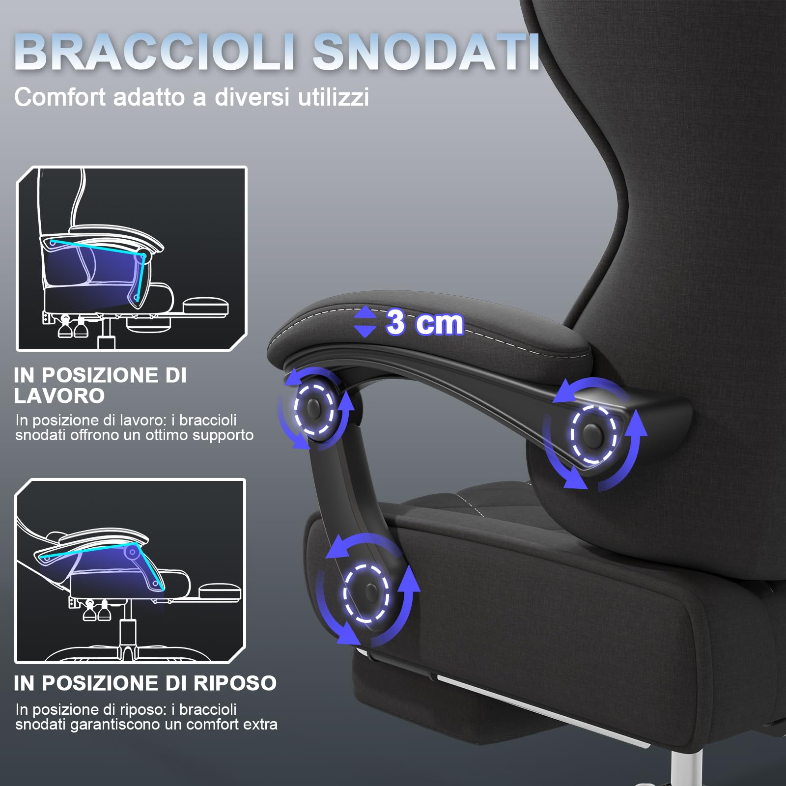 Devoko Sedia da Gaming in tessuto, Sedie Ufficio Ergonomica, Sedia Massaggiante con braccioli, Poltrona con cuscini imbottiti a molle, con ruote, braccioli, 360°girevole, Regolabile in altezza, Nera
