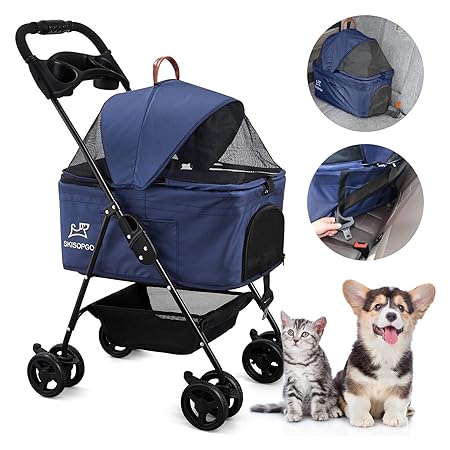 SKISOPGO Dog Cat Pet Gear 3-in-1Foldable Pet Stroller Detachable Carrier, Car Seat and Stroller with Push Button Entry for Small & Medium Pets (Navy Blue)