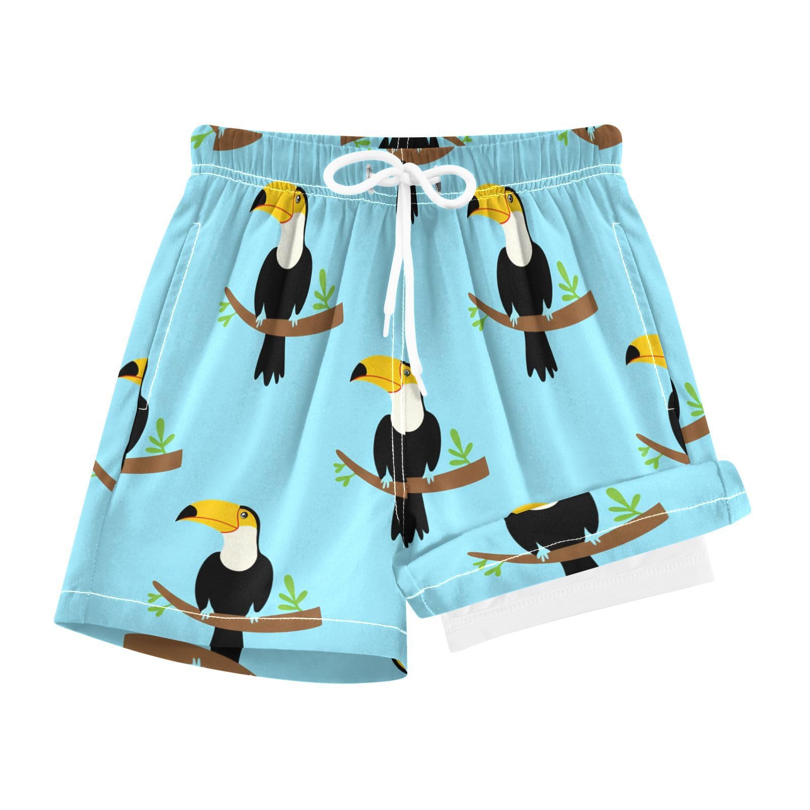 YANENDIE Boy Swim Trunks with Compression Liner Cartoon Toucans Branches Boys Swim Shorts Quick Dry Beach Shorts