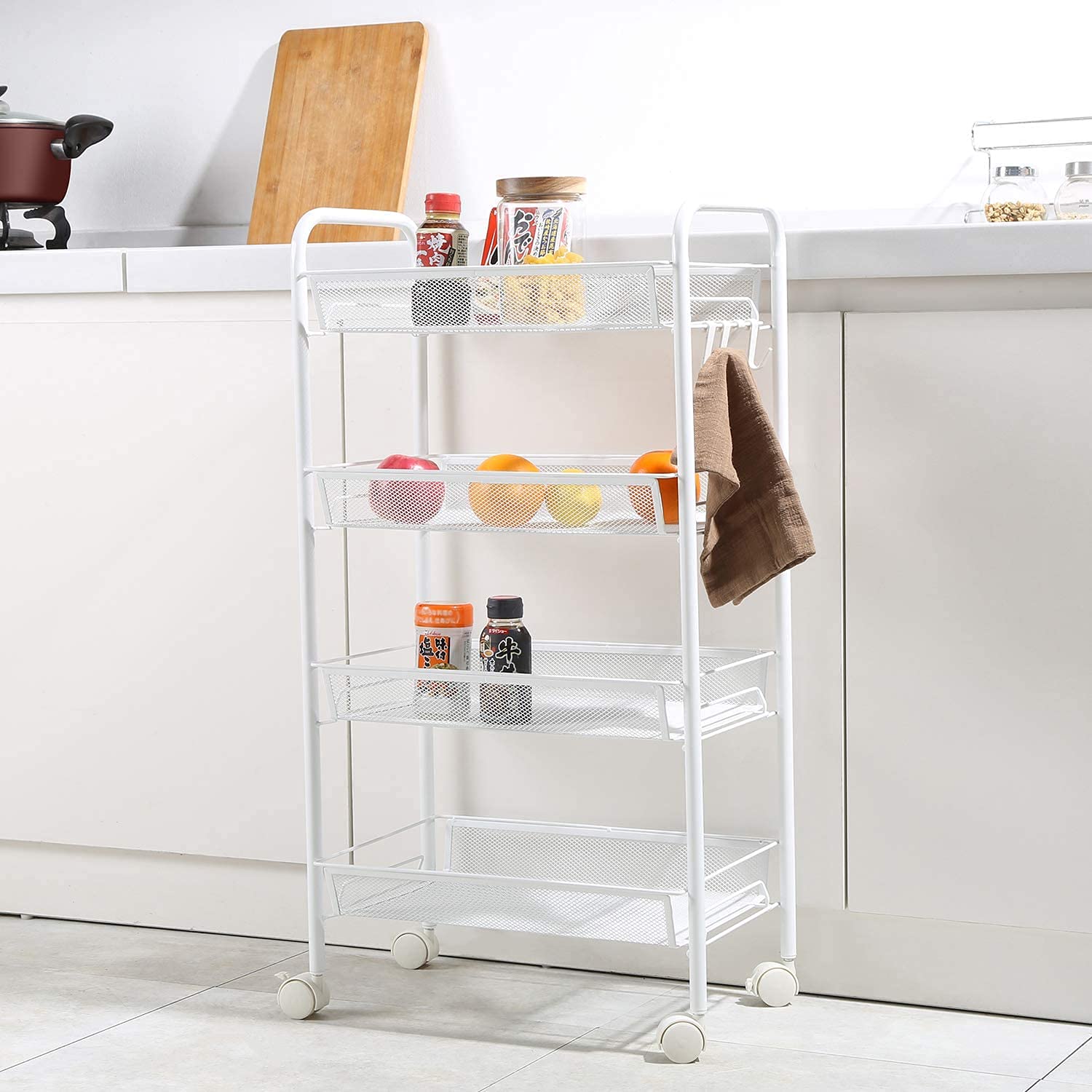 Enen 4-Tier Rolling cart Utility Cart with Wheels Rolling cart Organizer Storage Organizer Metal cart Rolling Storage Cart Kitchen Utility cart Storage Shelves for Office, Bathroom, Kitchen，bar cart