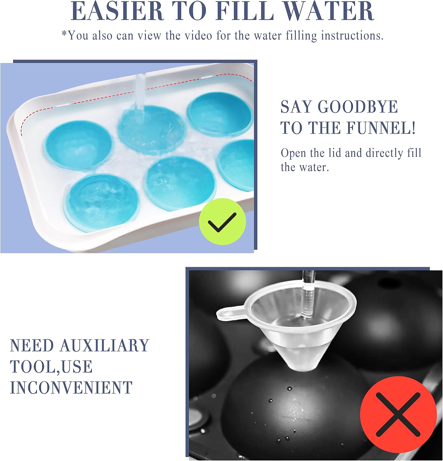 ICEXXP Whiskey Ice Ball Maker, [Easy to Fill & Release without Funnel] 2.2 Inch Round Large Ice Trays, Reusable Silicone Big Sphere Ice Tray with Lids for Bourbon, Whiskey, Brandy, Gifts for Men