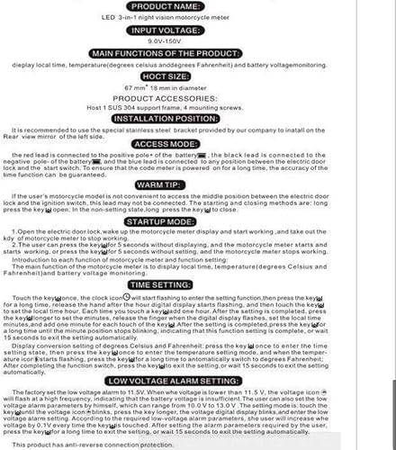 Miniatura 7 de Impermeable 3 en 1 Visión Nocturna Medidor de Motocicleta Pantalla Digital LED Voltímetro Voltaje Medidor de Temperatura Tiempo Multifunción LED
