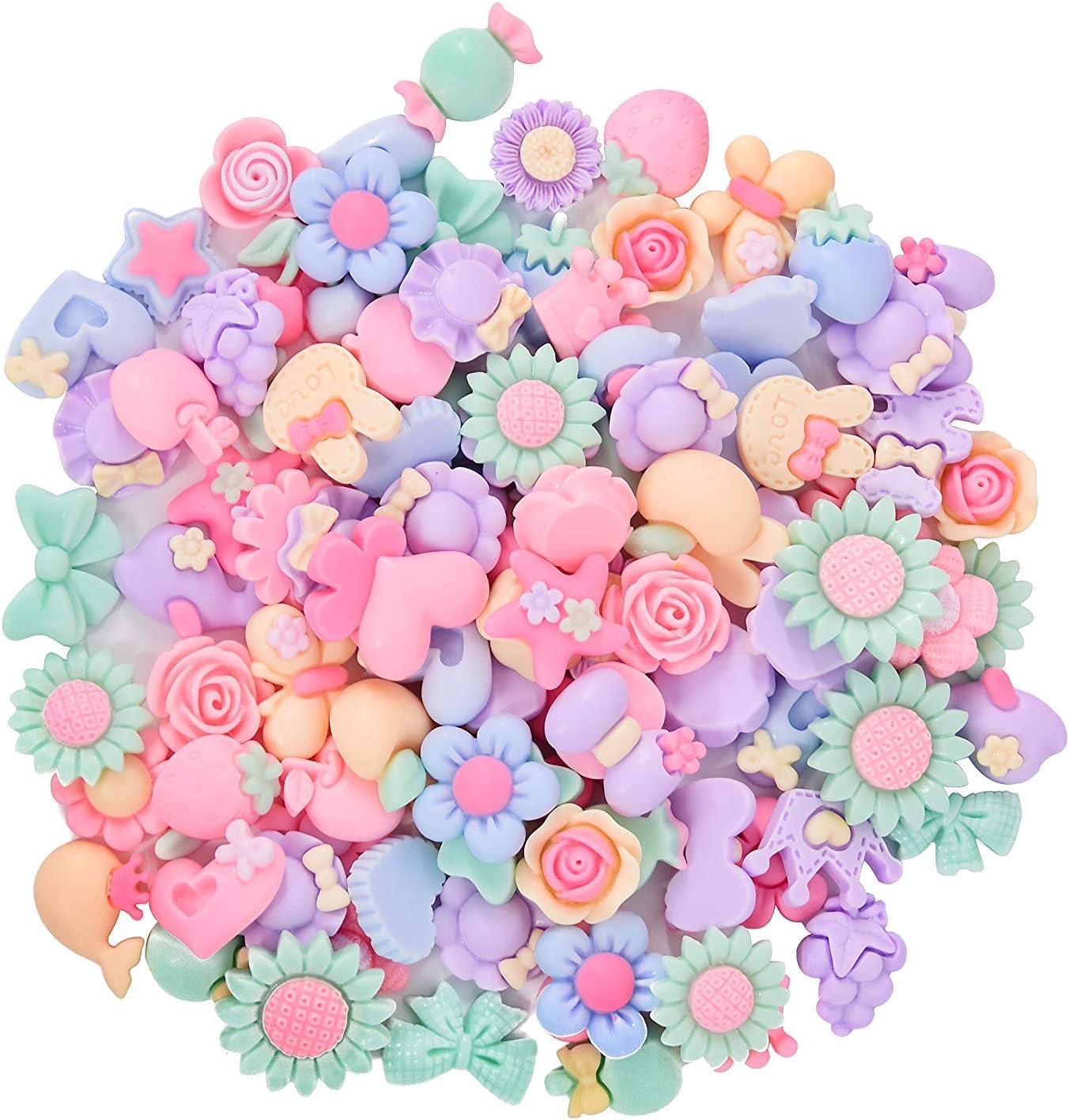 Onwon 100 Pieces 3D Candy Color Resin Flower Bow Fruit Animal Flatback Button for DIY Hair Clip Headband Scrapbooking Embelishments