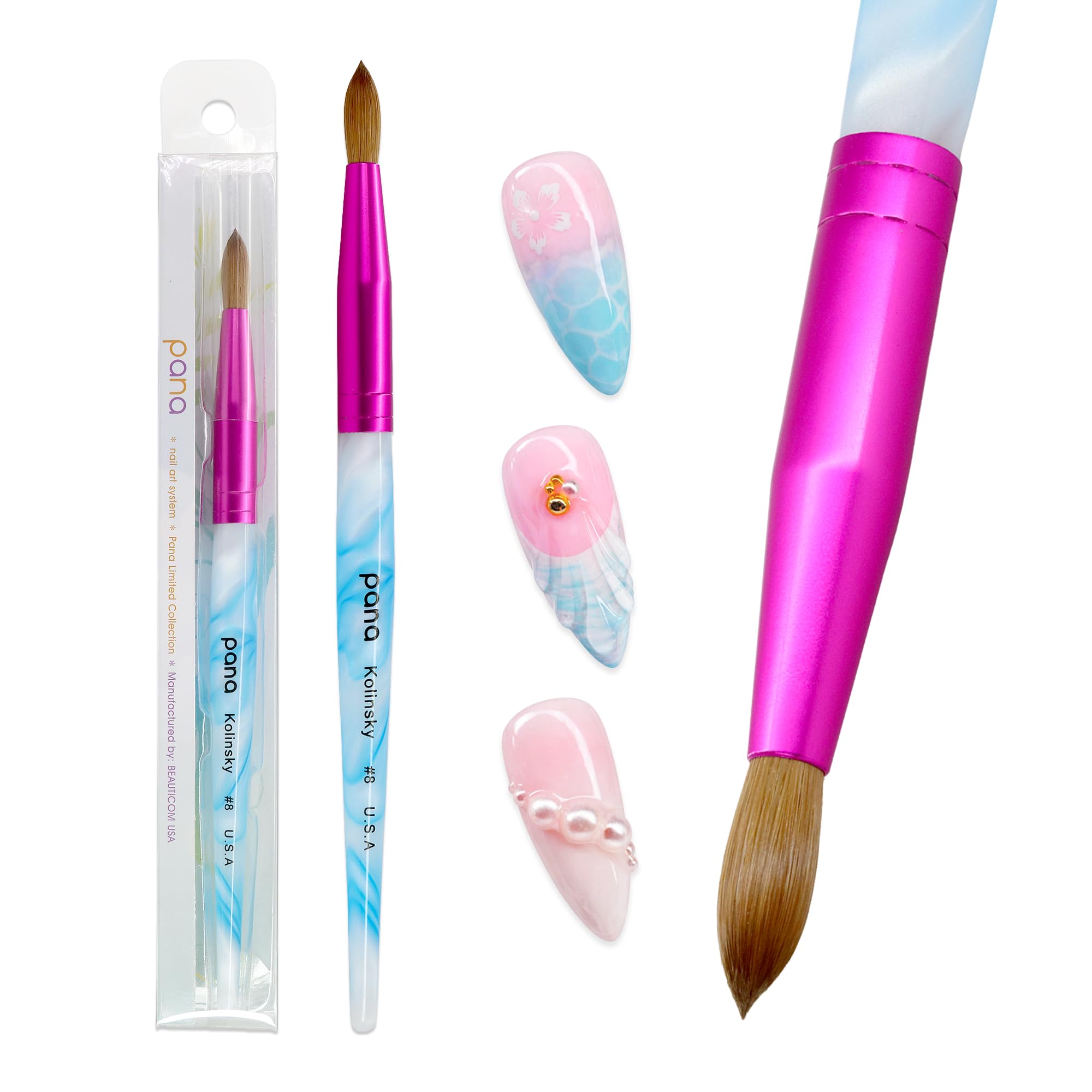 USA Acrylic Nail Brush Pure Kolinsky Hair Acrylic White Swirl Blue Handle with Pink Ferrule Round Shaped - Size 8