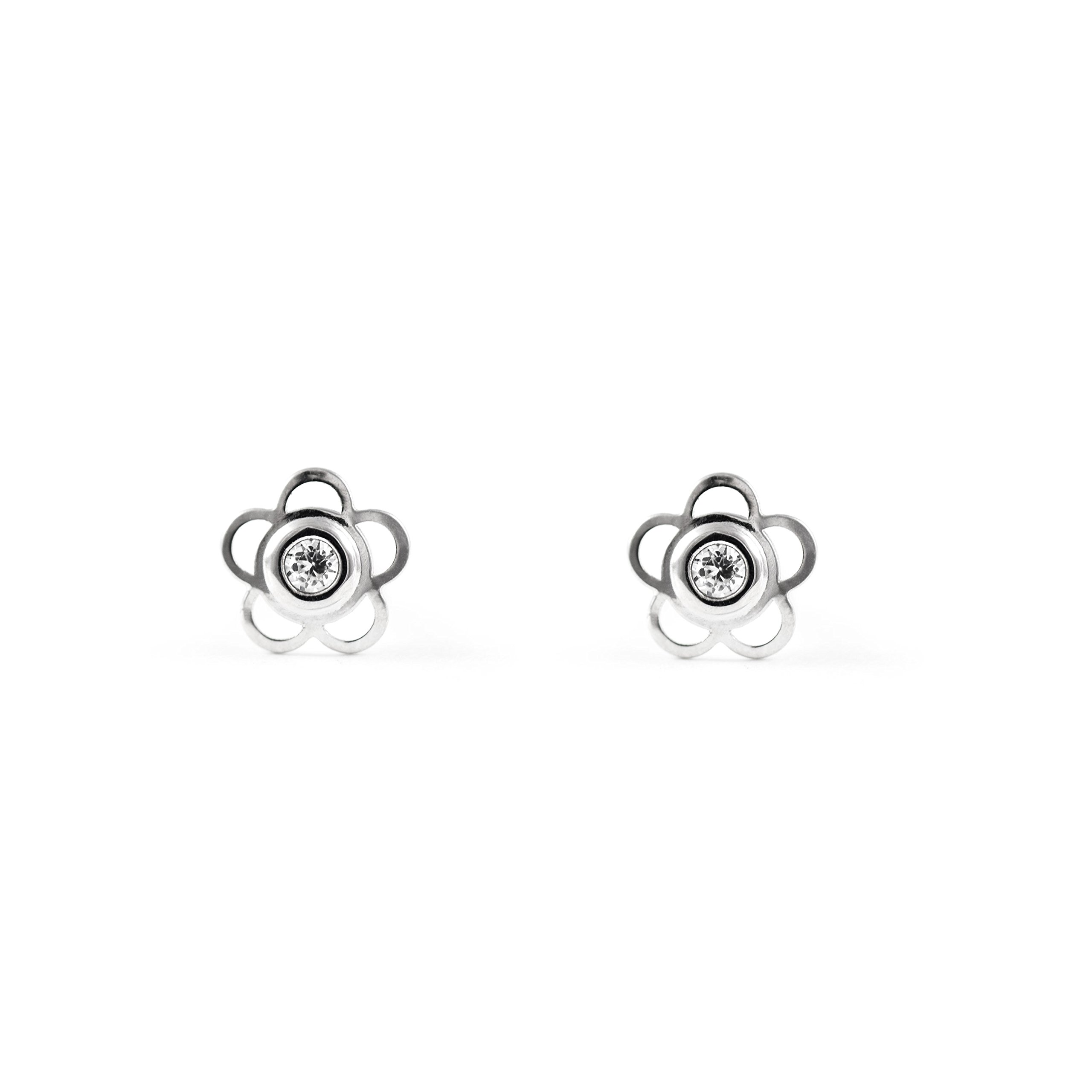 Monde Petit Pendientes Bebe o Niña Oro Blanco Flor 5 Petalos con Circonitas - Estuche Regalo - Certificado de Garantía - Mondepetit