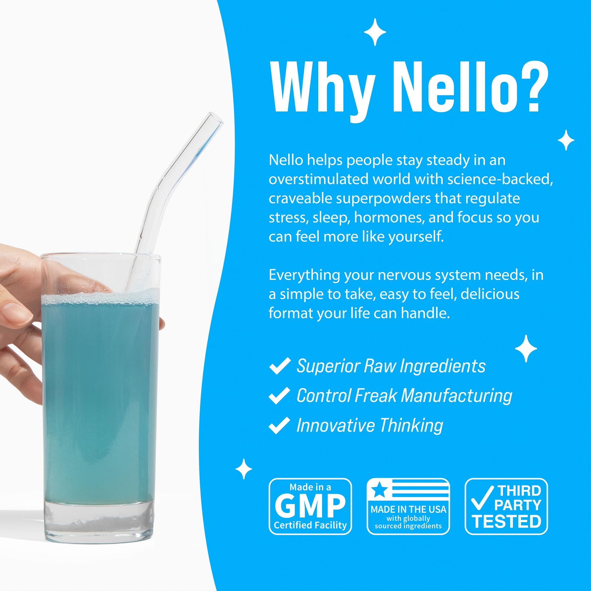 Nello Supercalm Drink Mix with Magnesium Glycinate, KSM 66 Ashwagandha, Vitamin D3 and L Theanine, Calm Powder Supplements for Relaxation Support, No Sugar, Travel Packets, 20 Ct, Blue Coconut — Amazon image 9