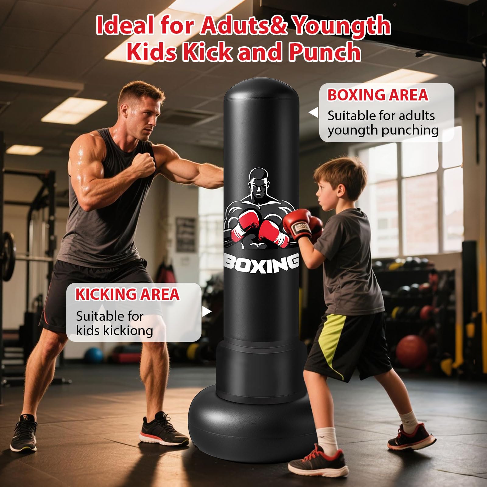 Qoosea Sacco da Boxe per Adulti, 180 cm Stabile Pungiball Adulti Gonfiabile con Guantoni da Boxe, Sacchi da Boxe Gonfiabile per Pratica di Taekwondo Muay Thai Karate MMA Fitness