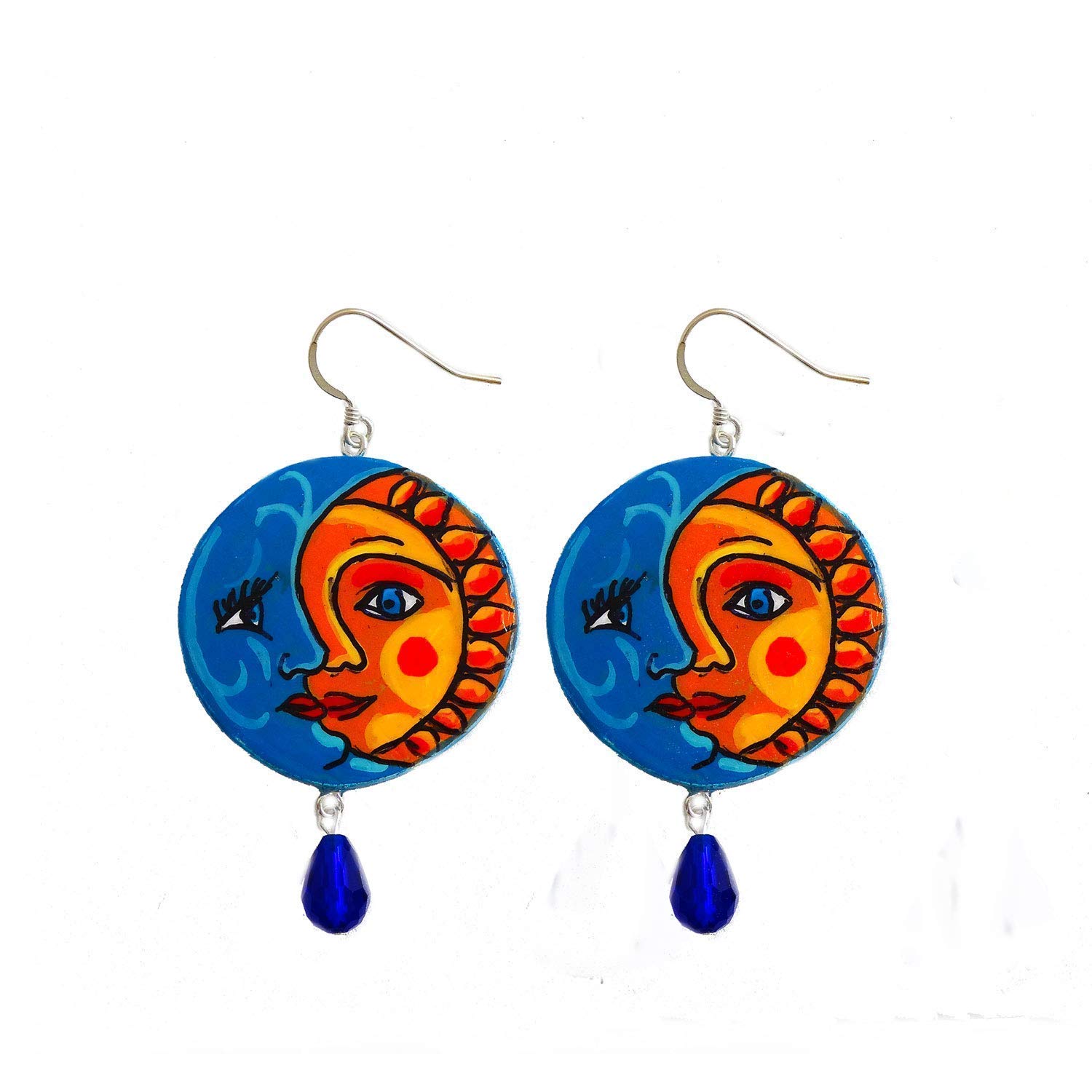 Pendientes de madera pintados a mano – SOL Y LUNA CERÁMICA DE VIETRI - Pendientes colgantes de mujer, Joyas de madera pintada, Gancho de plata, Made in Italy, Bisutería, Elaboración artesanal