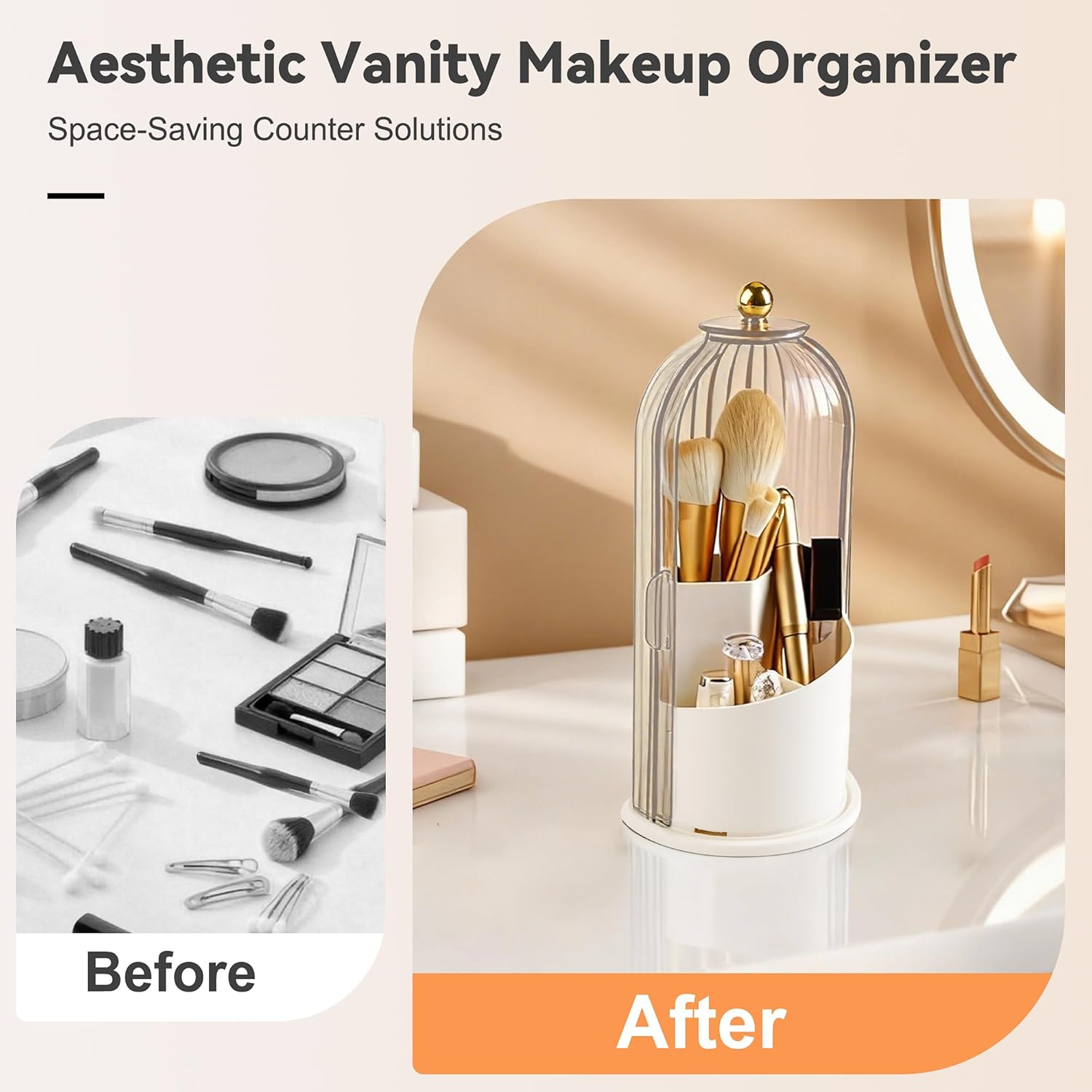 360° Rotating Makeup Brush Holder with Lid, Waterproof Three-Compartment Makeup Organizer, 180° Side-Pull Door Desk Organizer, Dustproof Brush Holder for Vanity and Bathroom (Transparent) - Image 5