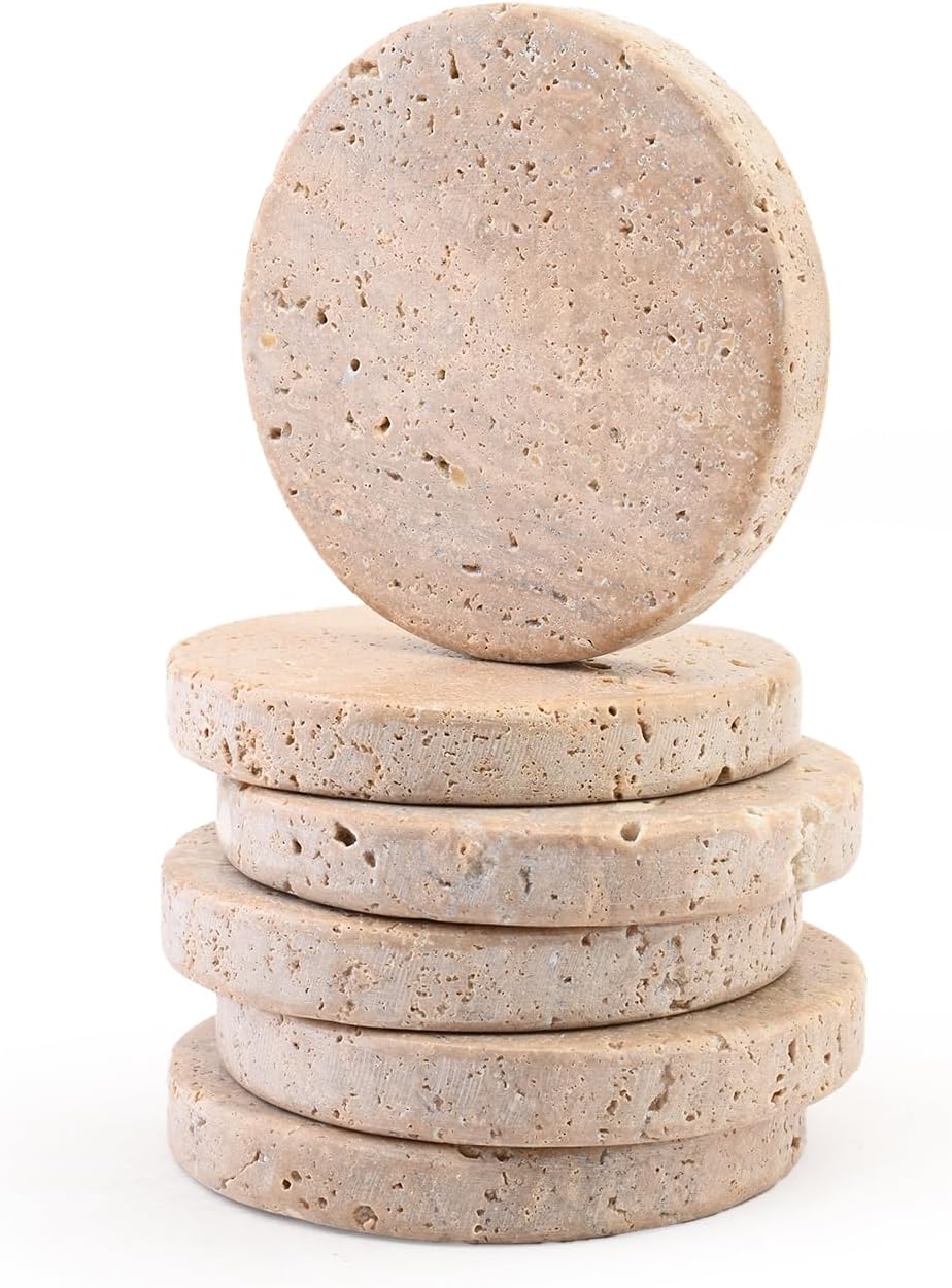 Perilla Home Handcrafted 4-4" Travertine Coaster – Set of 6 Round Coaster for Home, Kitchen or Office,Natural Absorbent Coasters for Hot & Cold Beverages Perfect Table Accessories for Modern Living