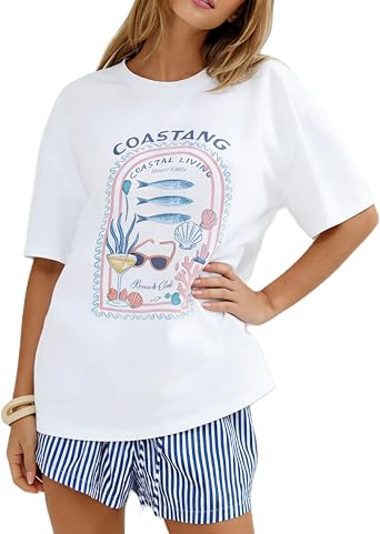 Women Y2k Oversized Graphic Tees Floral Ocean Print Short Sleeve Crewneck Tshirts Teen Girls Aesthetic Streetwear