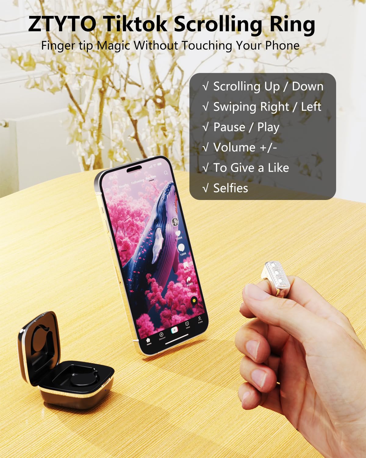 Tiktok - Anillo de desplazamiento, girador de páginas Bluetooth para iPad/iPhone/Android/aplicación Kindle, control remoto para cámara/grabación de video (blanco)